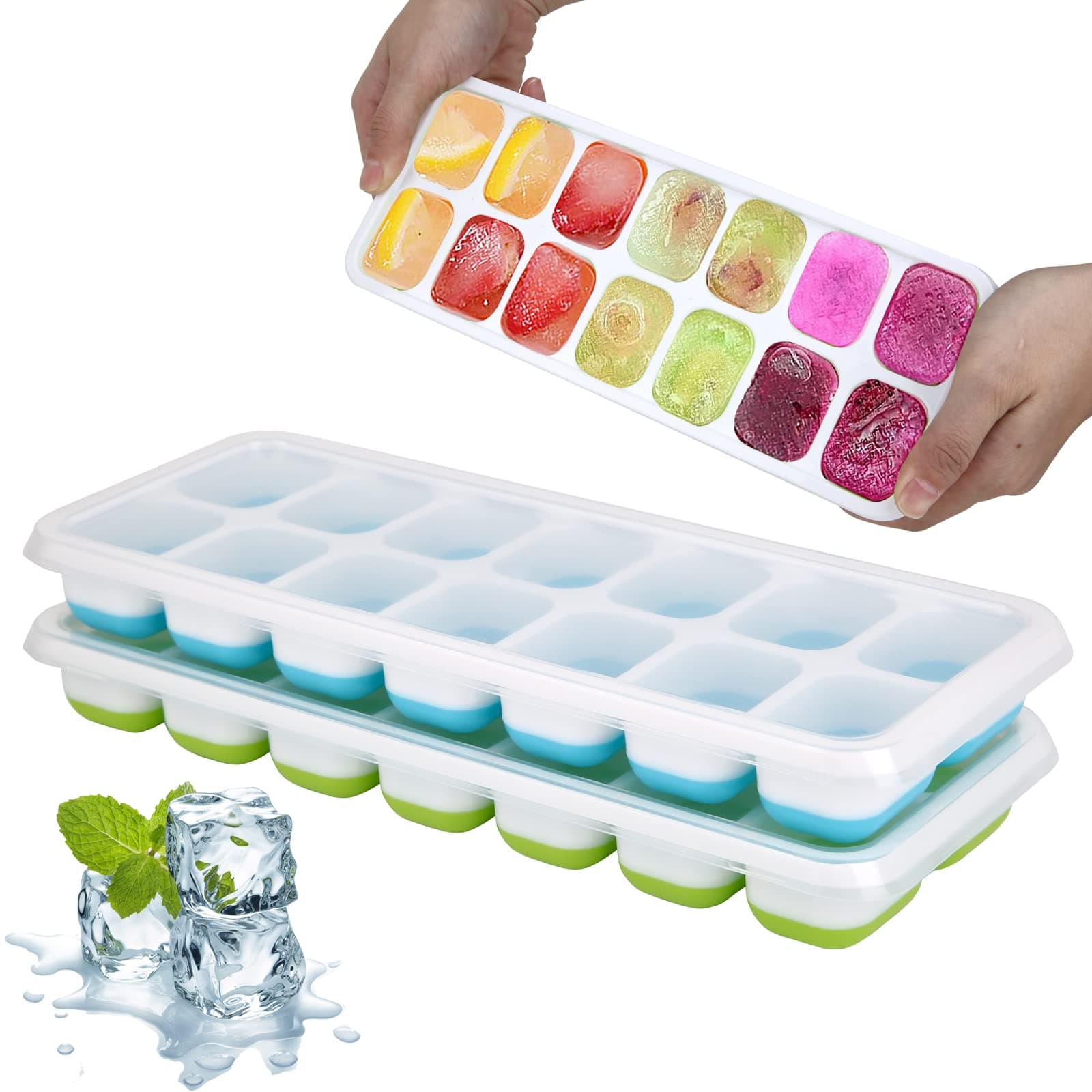 Ice Cube Tray, 2 Pack Silicone Ice Tray, 14 Ice Cube Molds with Lids, Stackable Ice Cube Molds for Chilling Drinks, Whiskeys, Cocktails (Blue + Green)
