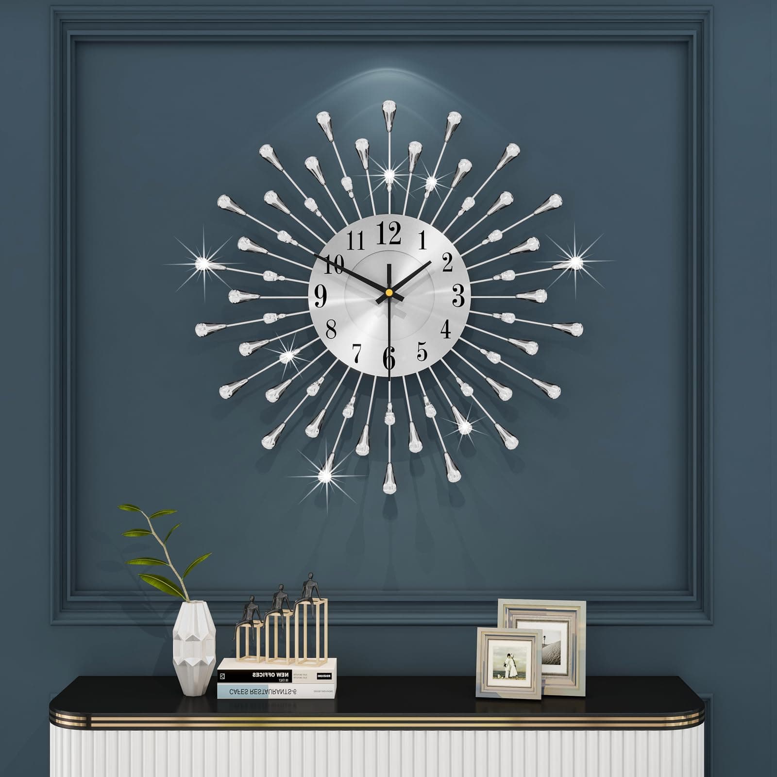 FLEBLE Large Wall Clock Battery Operated Modern Decorative Wall Clock Silent Non-Ticking 15 Inch Metal Crystal Round Clock for Living Room, Office, Kitchen, Bedroom, Farmhouse Home Decor