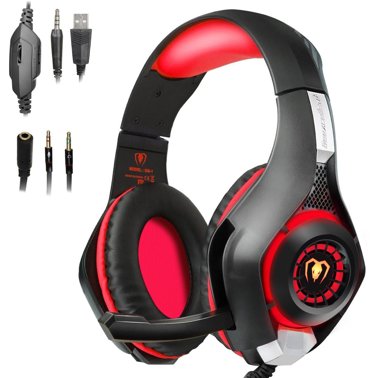 redhoney Gaming Headset with Mic for PS4, PC, Xbox One, Over Ear Game Headphones, Surround Sound, Noise Reduction, Easy Volume Control,3.5MM Jack and LED Lighting