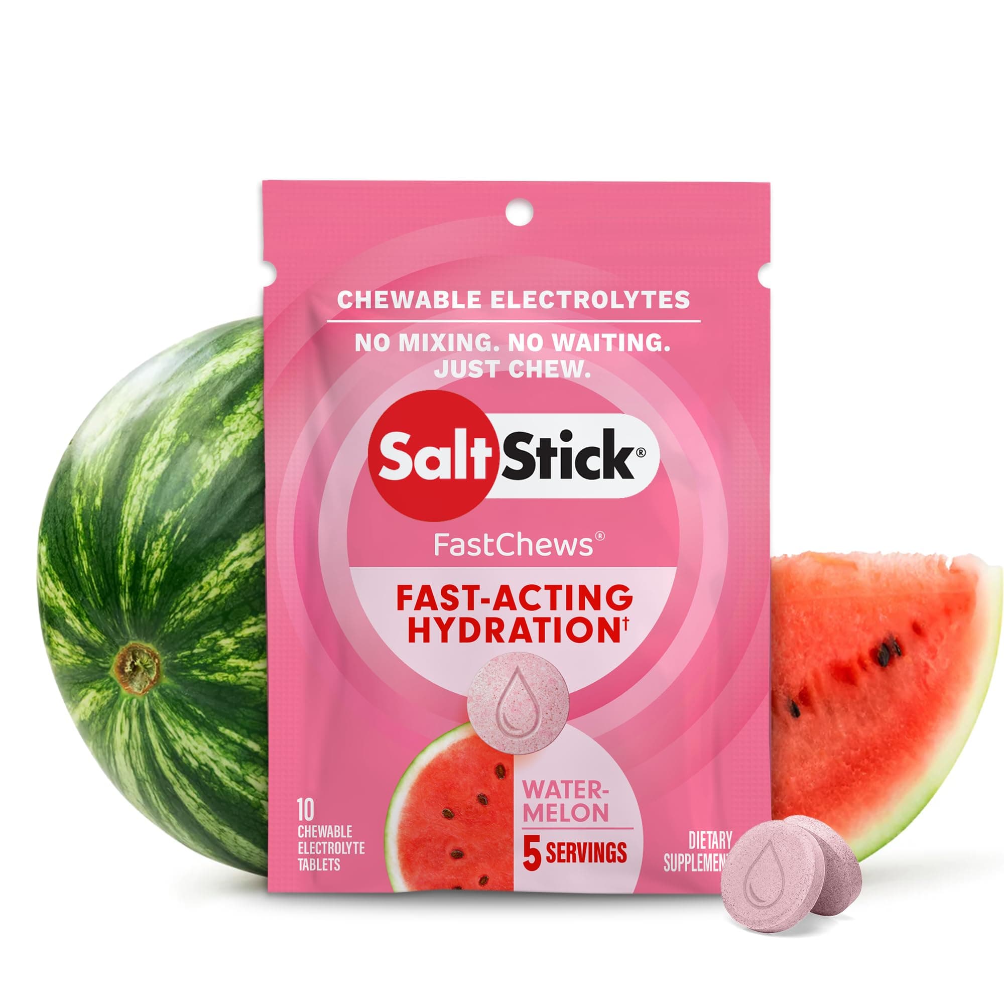 Fastchews Watermelon Zip Pack 10 Electrolyte Chewable Tablets with Salt, Minerals (Sodium, Potassium, Calcium, Magnesium) and Carbohydrates, 33g