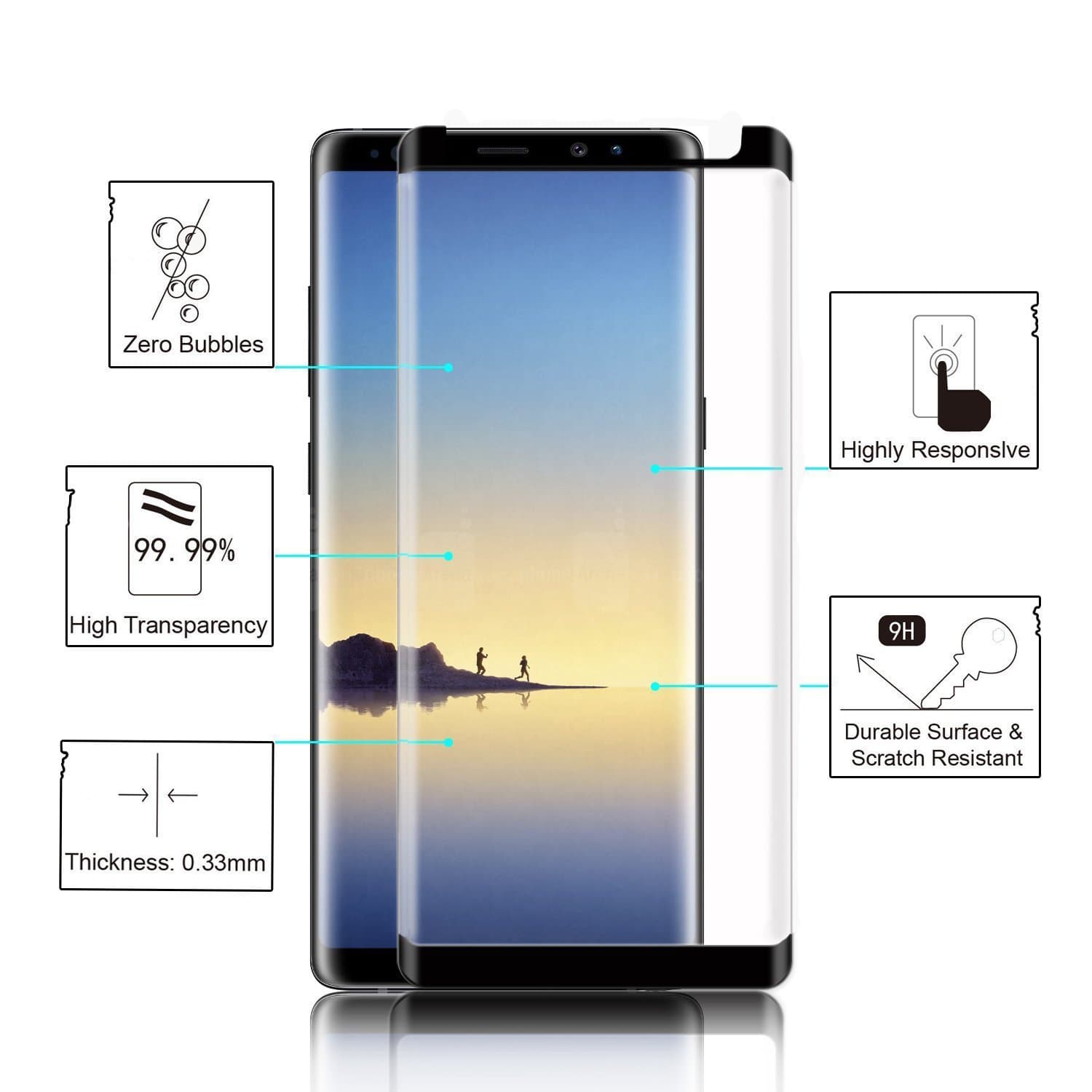 IMH 92802 9H Hardness 3D Curved Full Coverage Tempered Glass Screen Protector for Samsung Note 8, Bubble-Free, Anti-Scratch, Anti-Fingerprint, HD Clear Film