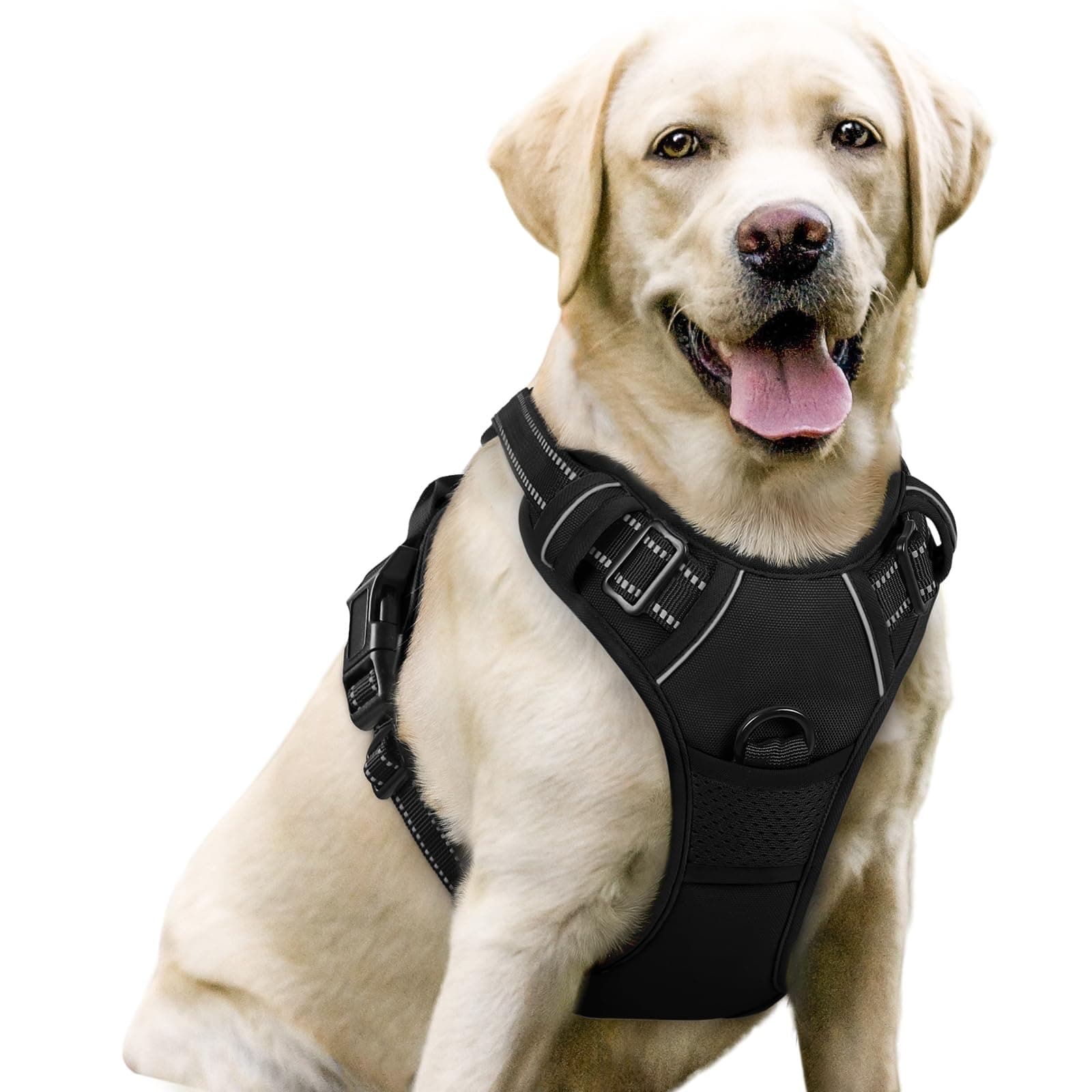 rabbitgoo Dog Harness No Pull with 2 Leash Clips, Adjustable Soft Padded, Reflective Oxford No Choke Pet Vest with Easy Control Handle for Large Dogs, Black, L