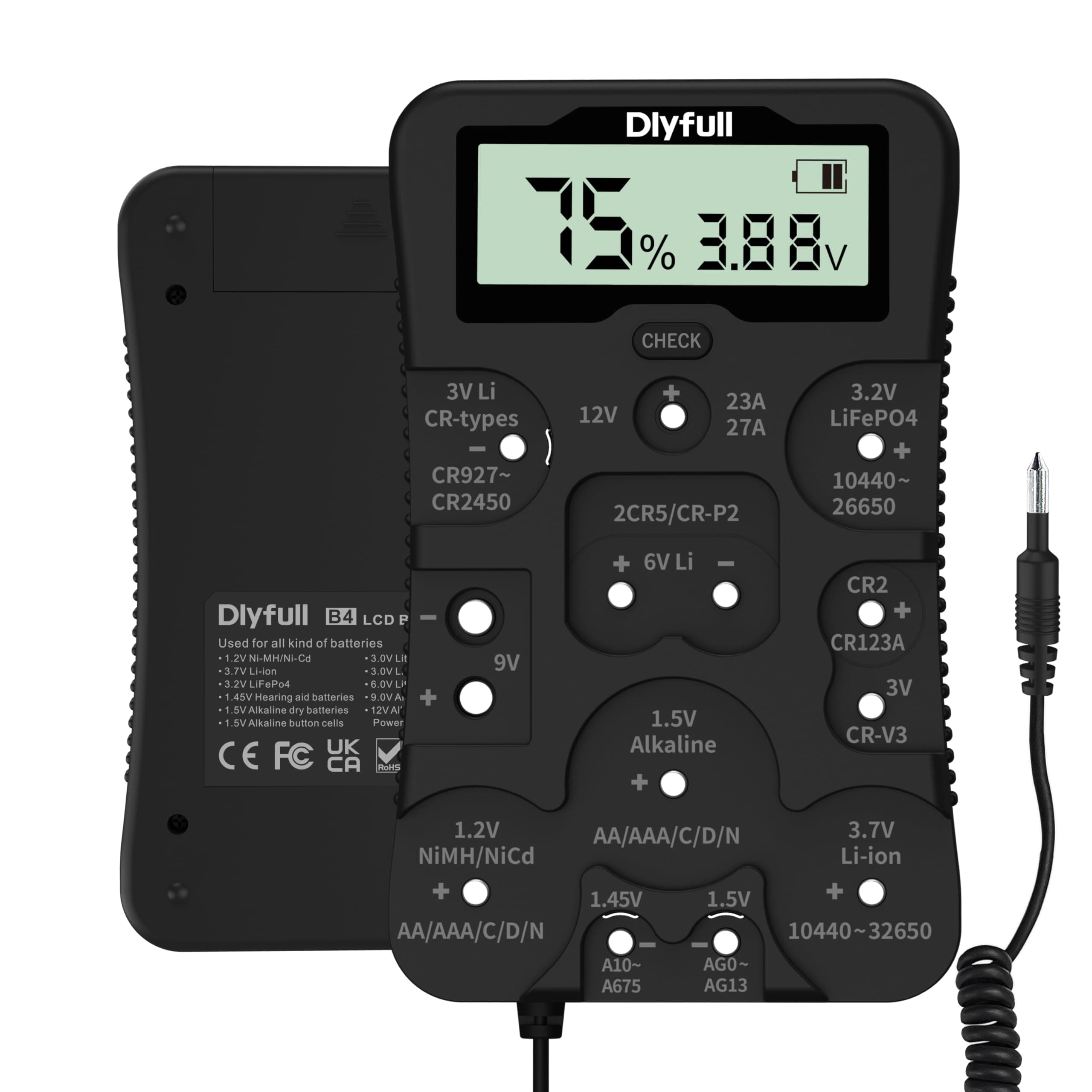 DLYFULLUniversal Battery Tester with LCD Display Battery Checker Voltage/Power for AA AAA C D 9V 1.2V Alk & Rechargeable CR2032 CR123A CR2 CRV3 6V 12V 3.2V 3.7V 18650 1.5V/3V Button Cell Batteries