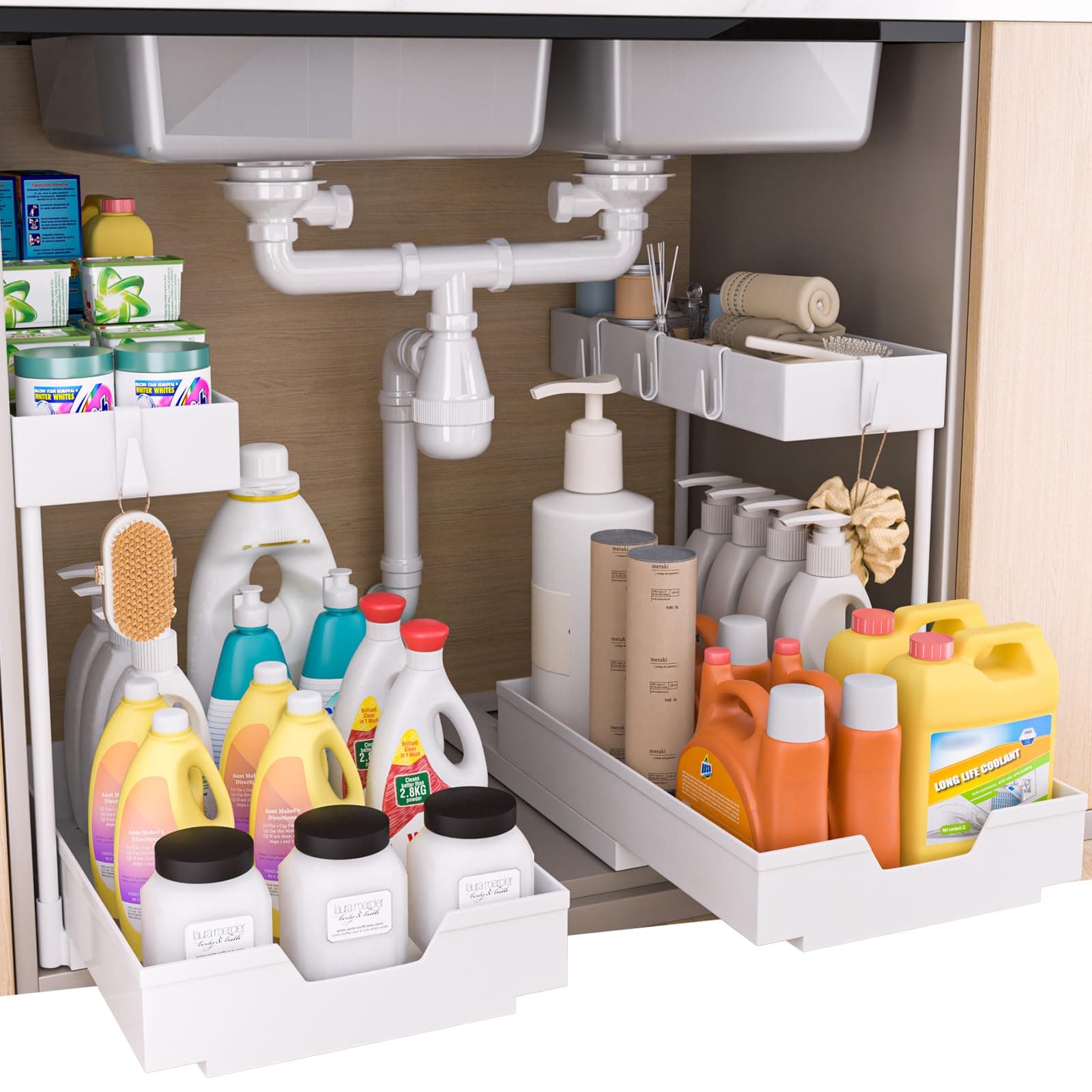 NATURE'S SOURCE 2-Tier Under Sink Organizers and Storage 2 Pack Sliding L-shape Under Cabinet Organizers For Narrow Space Multi-purpose Sink Organizer for Bathroom Kitchen Drawer(White 2 Pack)
