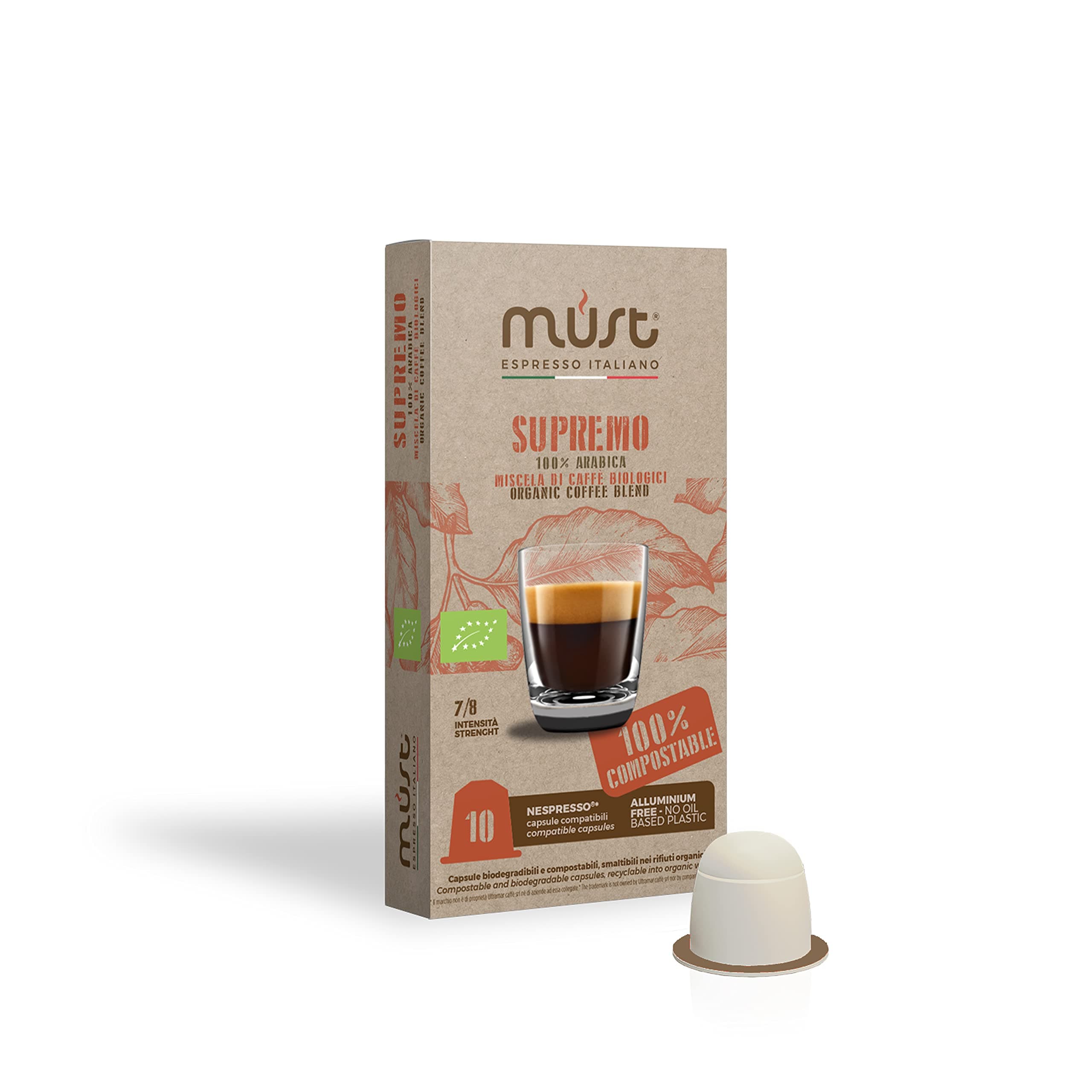 MUST 10 Coffee Capsules Supremo Organic Blend Single Origin, Pack of 10 Compostable Capsules Compatible with Nespresso Machine, Recyclable, Made in Italy