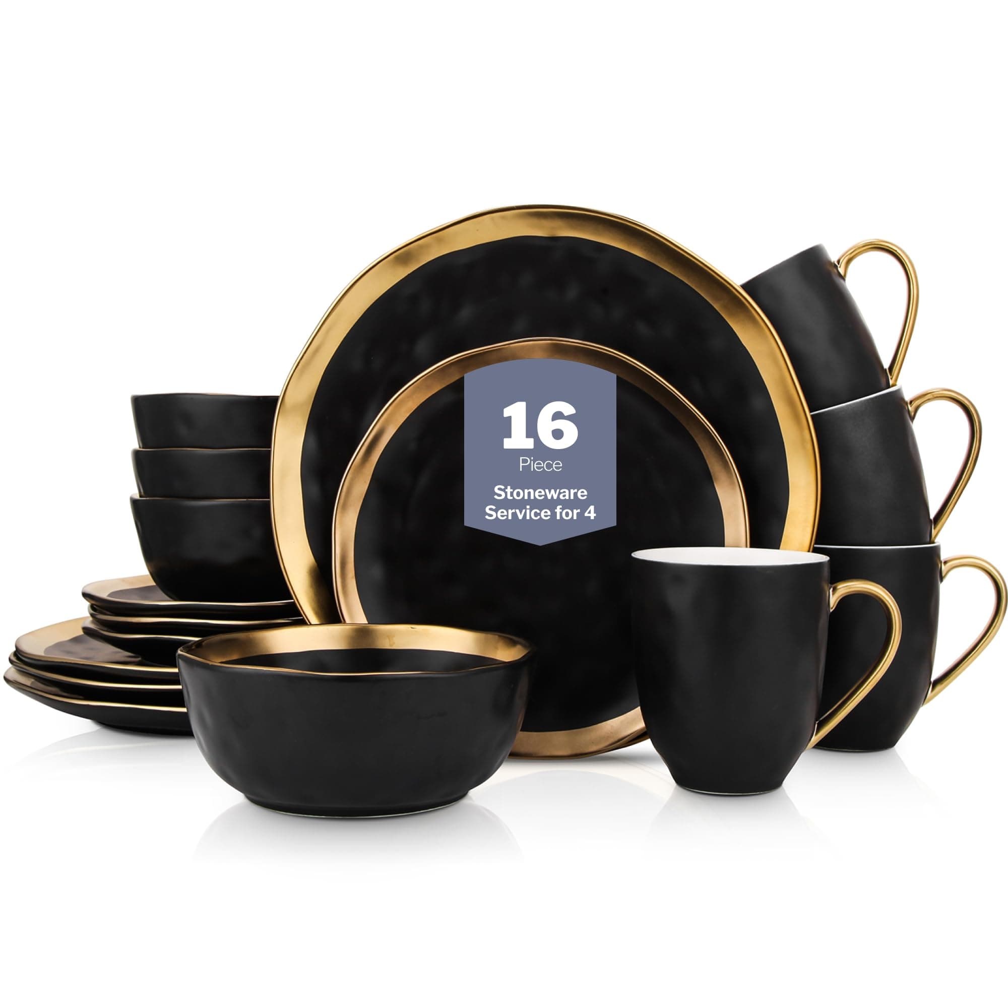 Stone Lain Florian Modern Porcelain 16 Piece Dinnerware Set, Plates and Bowls Set, Dish set for 4, Black And Golden Rim