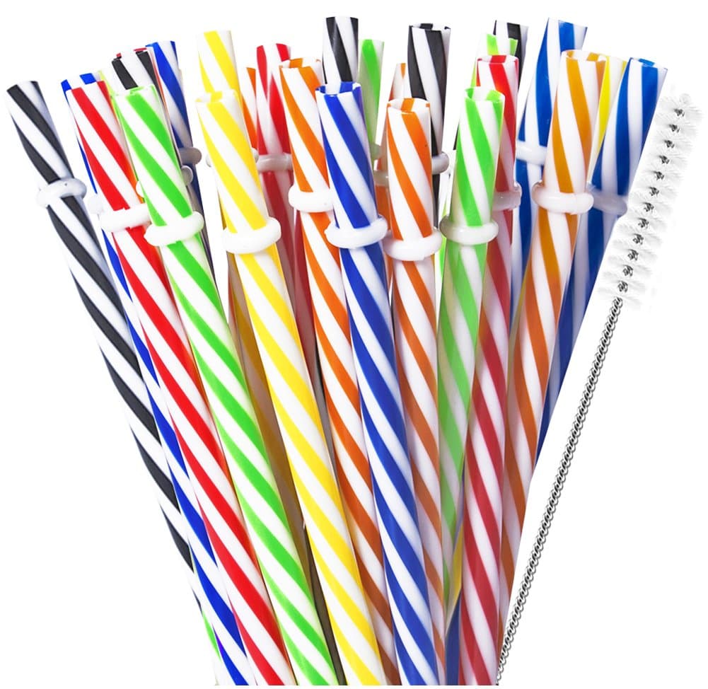 Besteek 30 Pcs Reusable Plastic Straws 9 Inch Acrylic Drinking Straw Colored Hard Plastic Striped Straws for Starbucks Tumblers, Mason Jar, Bonus A Cleaning Brush