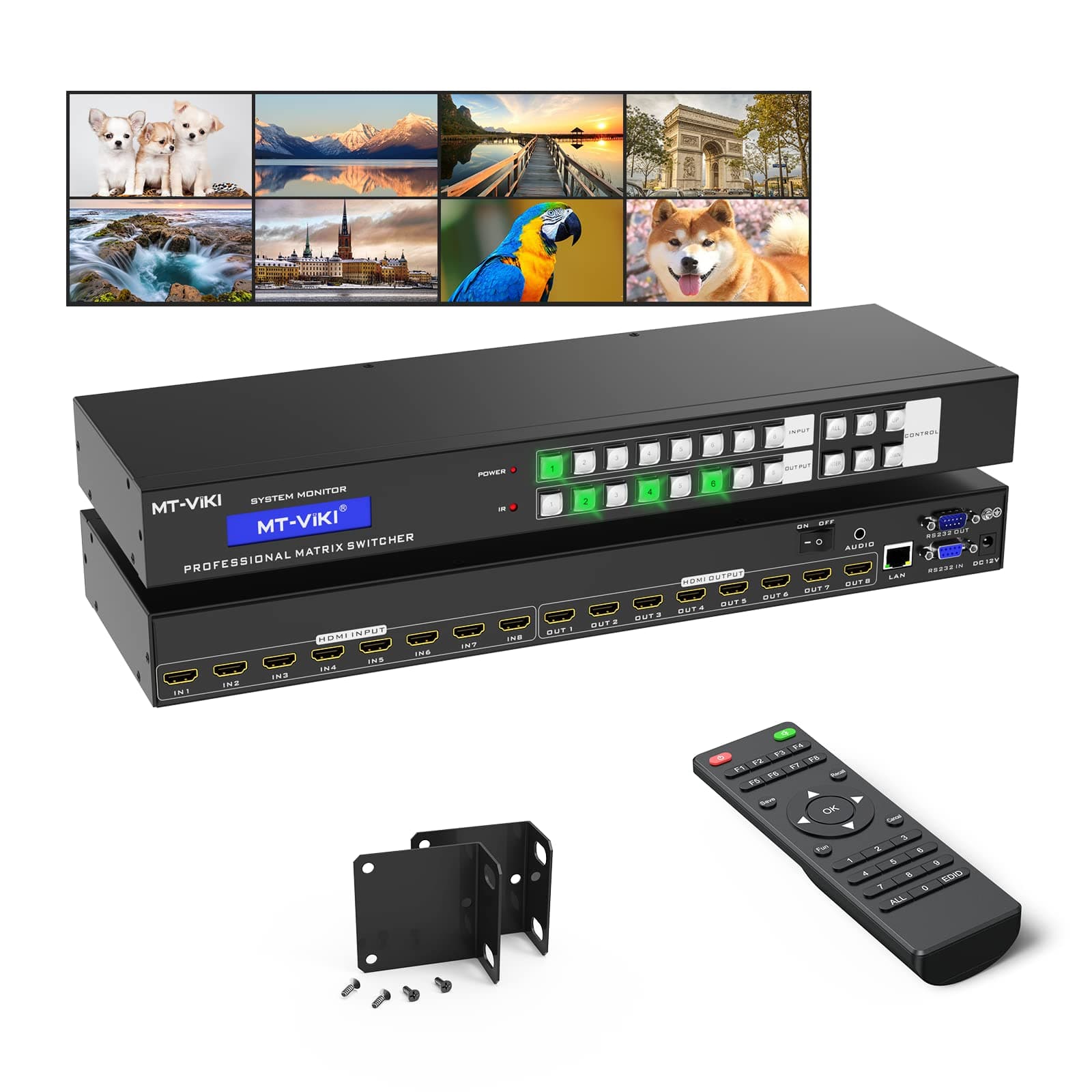 MT-VIKI 4K HDMI Matrix Switch 8X8 Support Web GUI & 3.5mm Stereo Audio w/IR Remote, 4K@30Hz, Rack Mount Switcher & Splitter, EDID, RS232, LAN Port, APP
