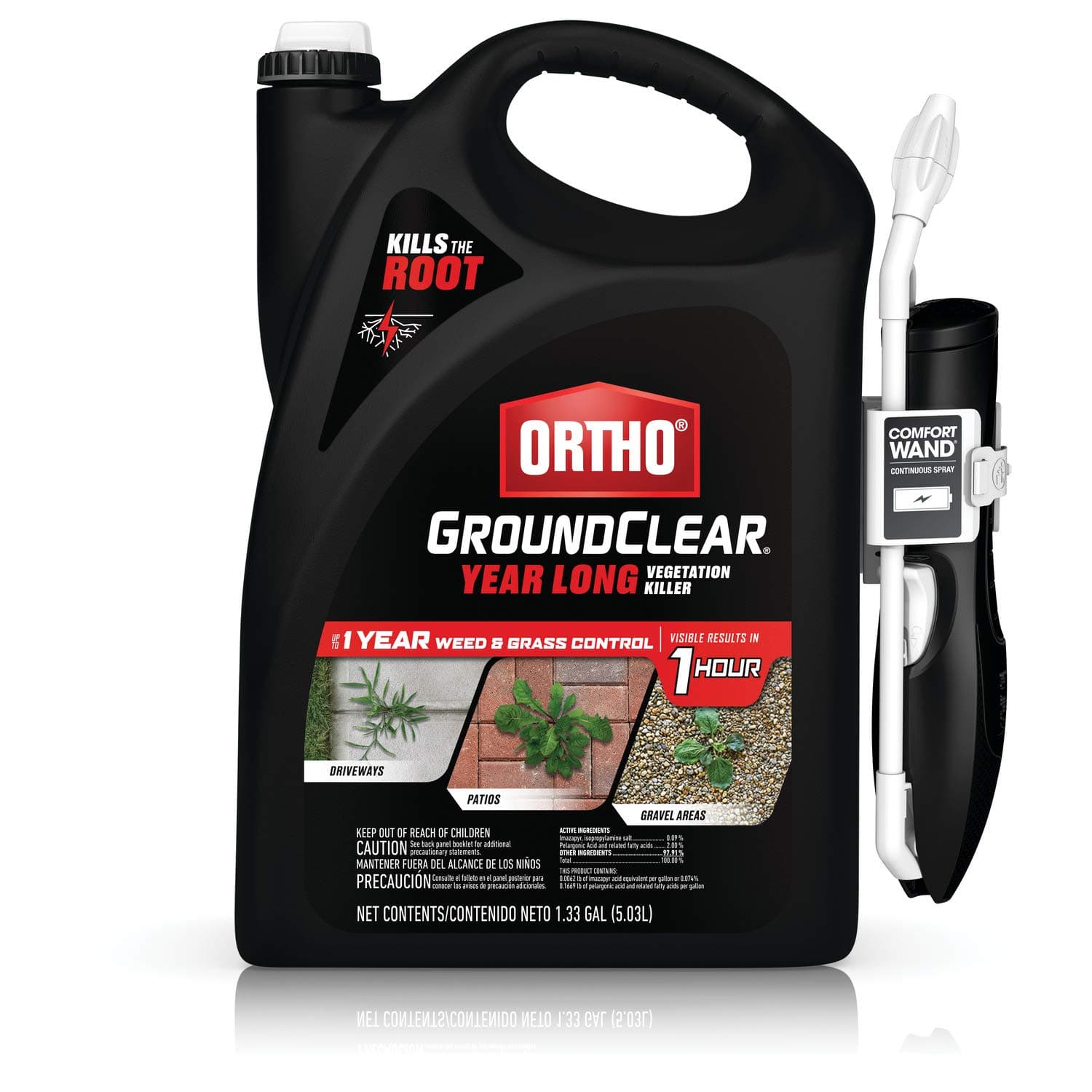 GroundClear Year Long Vegetation Killer - With Continuous Spray Comfort Wand, Visible Results in 1 Hour, Kills Weeds and Grasses to the Root, Up to 1 Year of Weed and Grass Control, 1.33 gal.