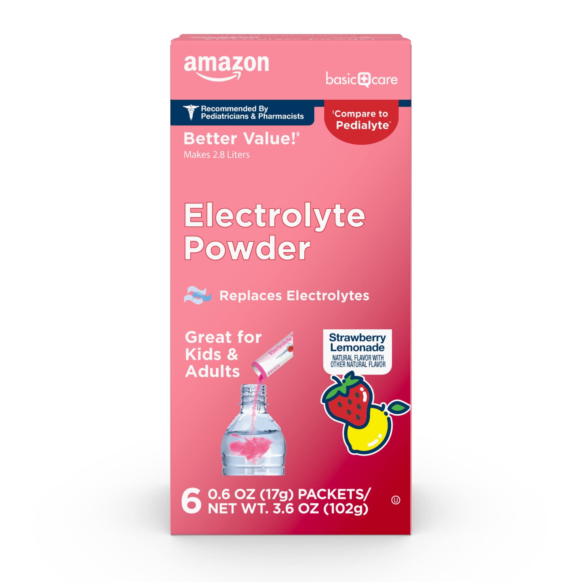 Amazon Basic Care Electrolyte Powder Packets, Strawberry Lemonade, 6 Count (Pack of 1)