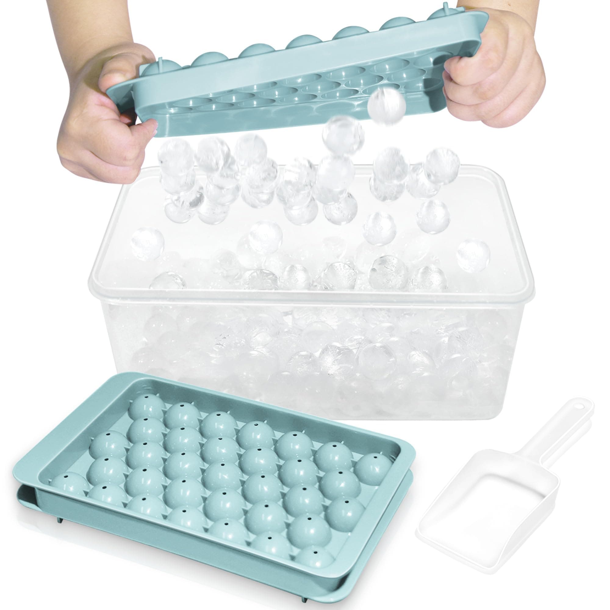 Ice Cube Tray with Lid and Bin - Round Ice Trays for Freezer with Lid - Ice Cube Trays for Freezer with Ice Container (0.8"-2PACK Blue)