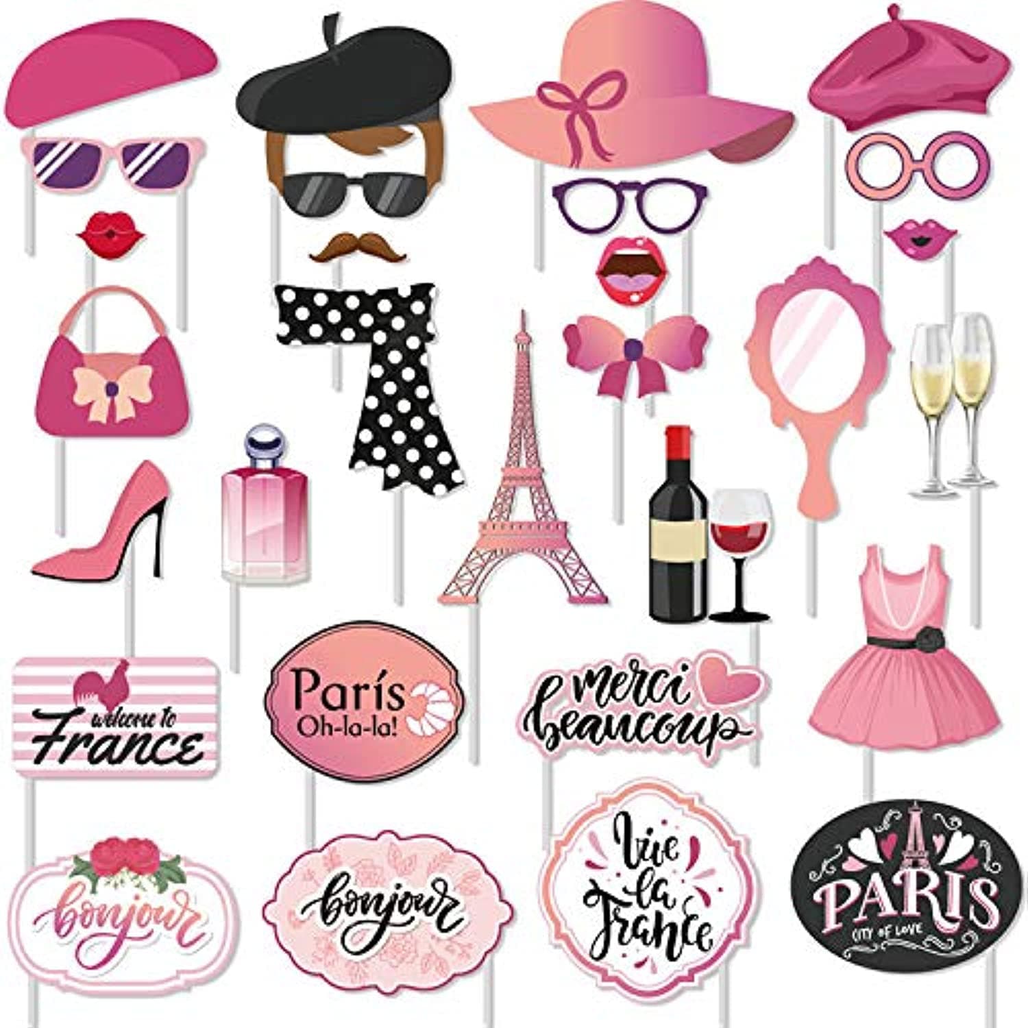 30 Pcs Paris Photo Booth Props Kit - Eiffel Tower Themed Decoration for Oh La La Baby Shower, Birthday, French Party Supplies