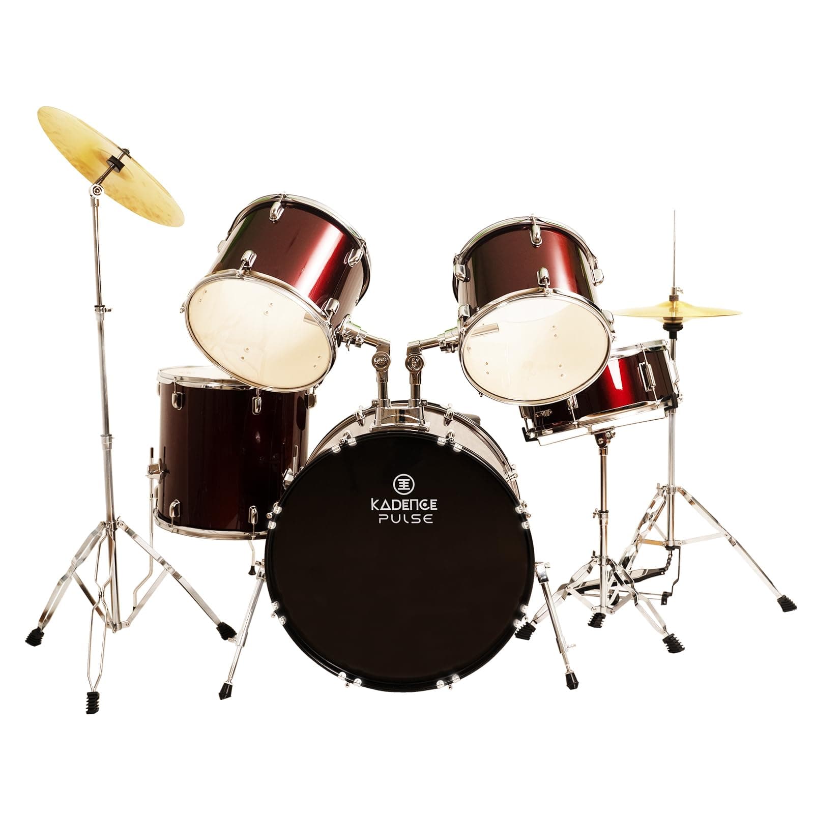 Kadence Acoustic Beginners Drum Kit (5 Piece Complete) Full -Size Drumset with Cymbals (Wine Red)