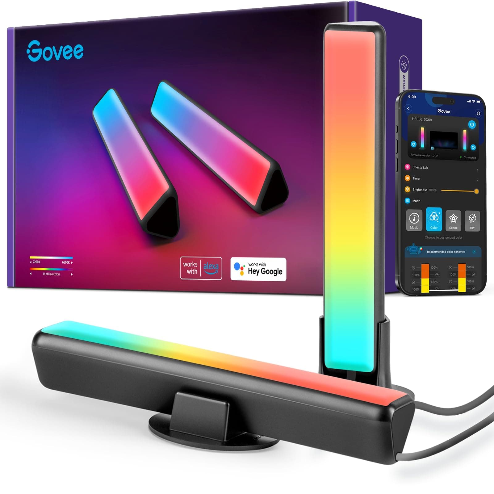 Govee Smart LED Light Bars, Work with Alexa and Google Assistant, RGBICWW WiFi TV Backlights with Scene and Music Modes for Gaming, PC, Room Decoration,Black