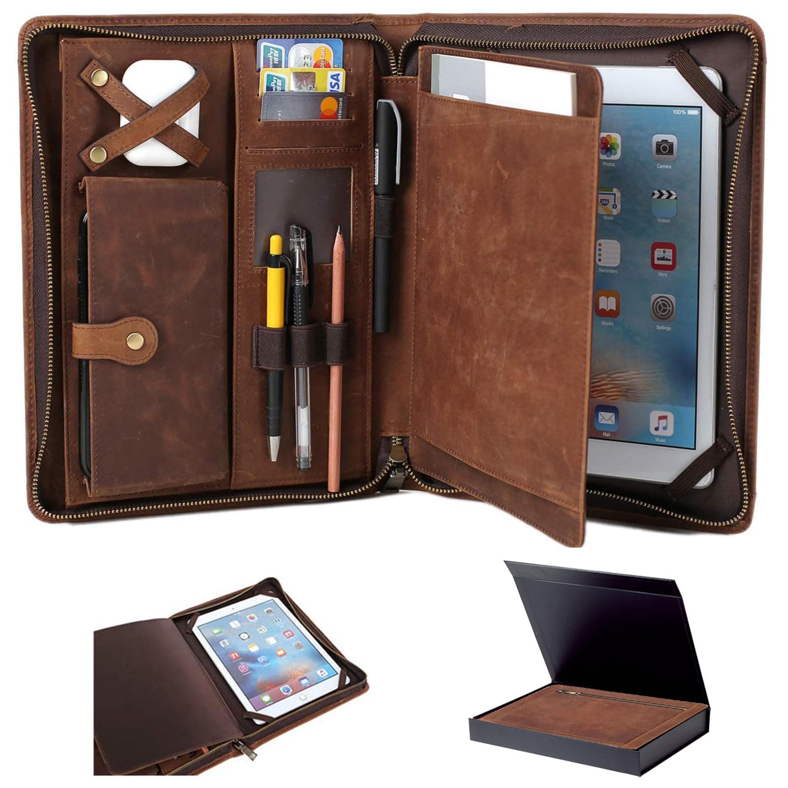 Leather Case for ipad Pro 11" Genuine Leather Smart Folio with Pencil Holder Zipper Pocket Multifunctional iPad case Compatible with iPad 11 /iPad 10.5/10.2 inch ipad/iPad 9.7