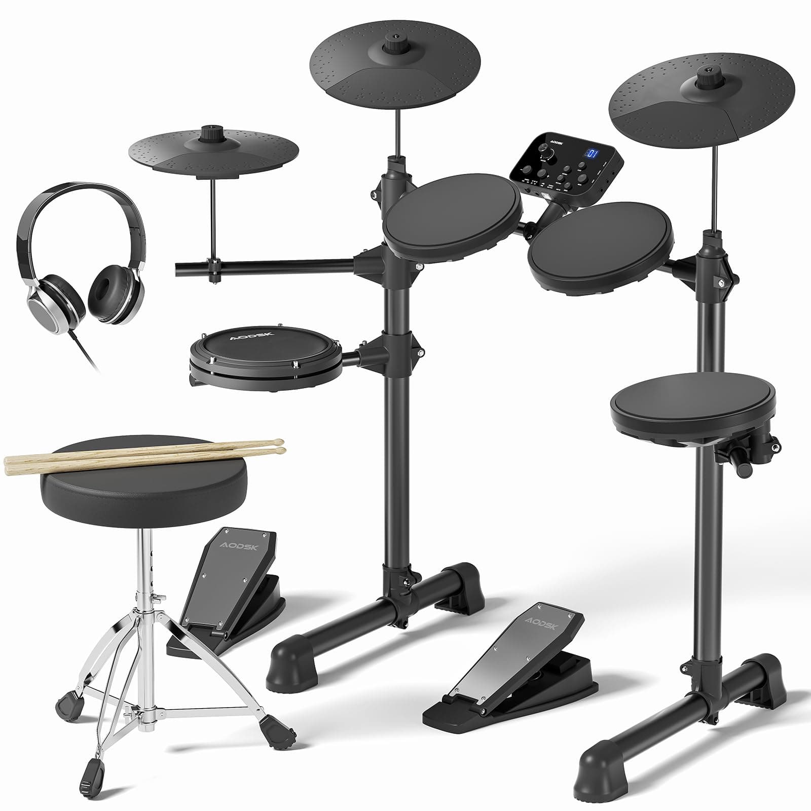 Electric Drum Set for Beginner with 150 Sounds,4 Quiet Drum Pads,2 Pedal,Throne,Sticks,Electronic Drum with Headphone,AED-400