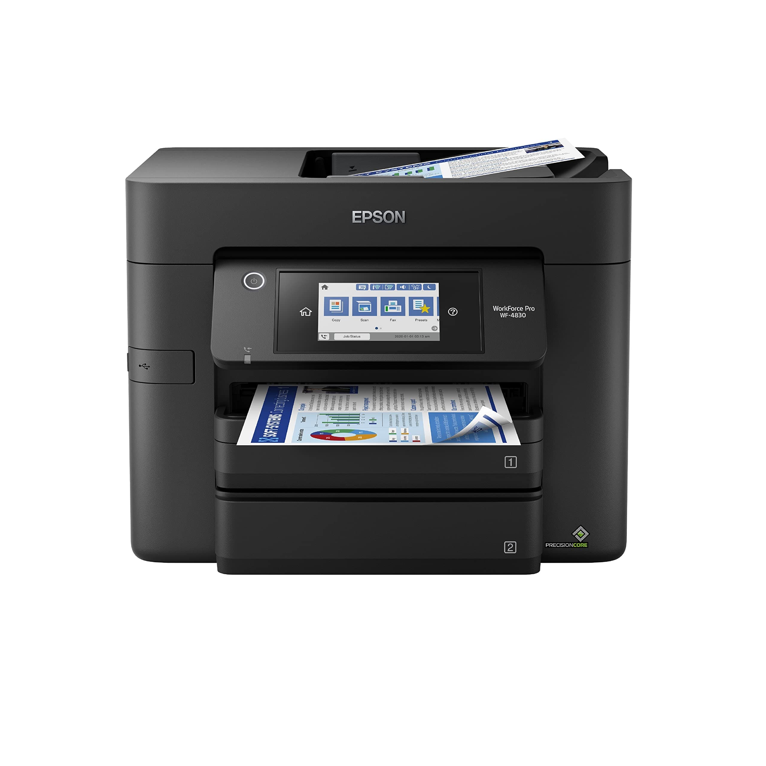 Workforce Pro WF-4830 Wireless All-in-One Printer with Auto 2-Sided Print, Copy, Scan and Fax, 50-Page ADF, 500-sheet Paper Capacity, and 4.3" Color Touchscreen, Works with Alexa, Black, Large