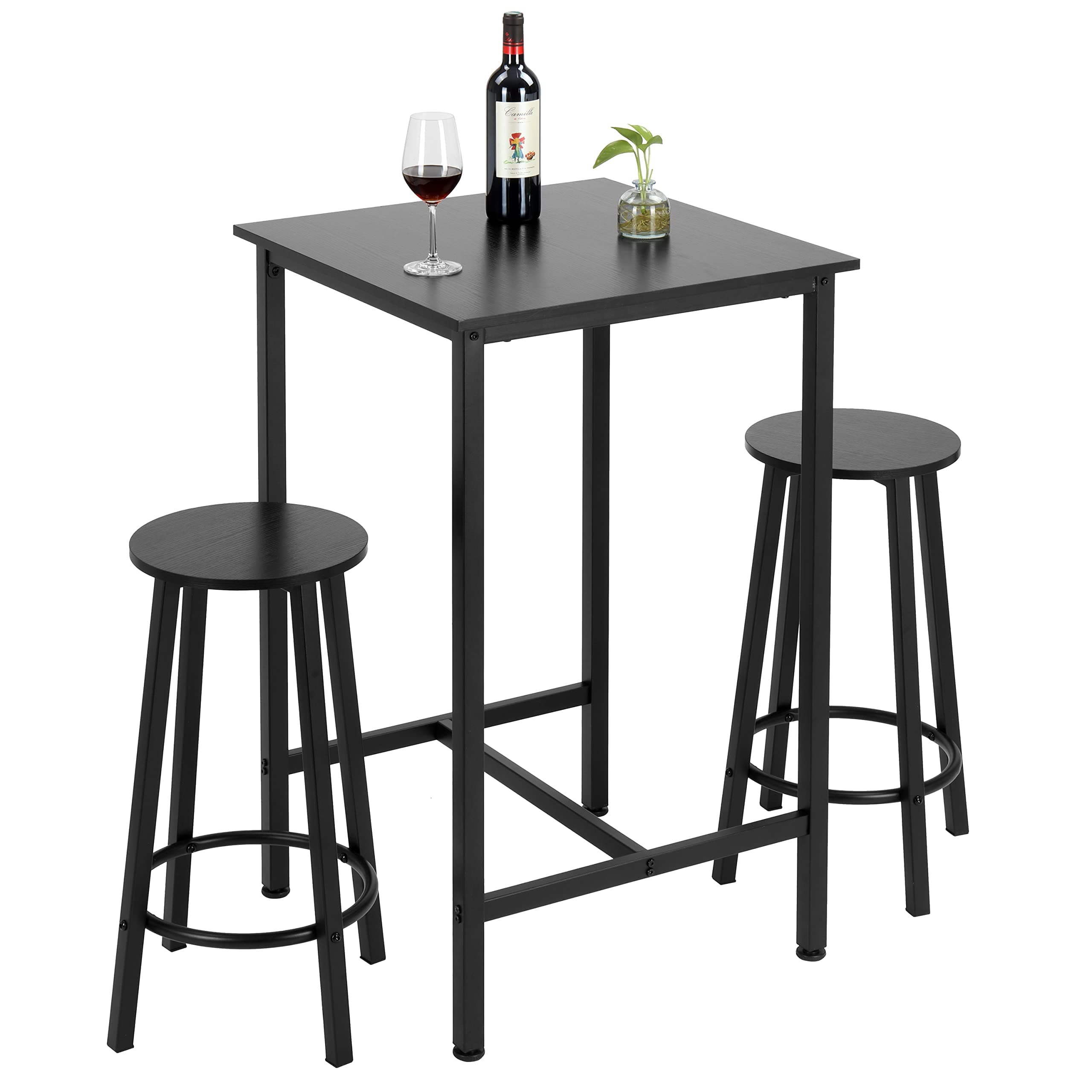 FinnhomyBar Table Set, 23.6" Pub Table High Top Table, Square Bar Height Table, Bar Table with Stools, Kitchen Table Set for 2, Industrial Breakfast for Kitchen, Living Room, Rustic Black