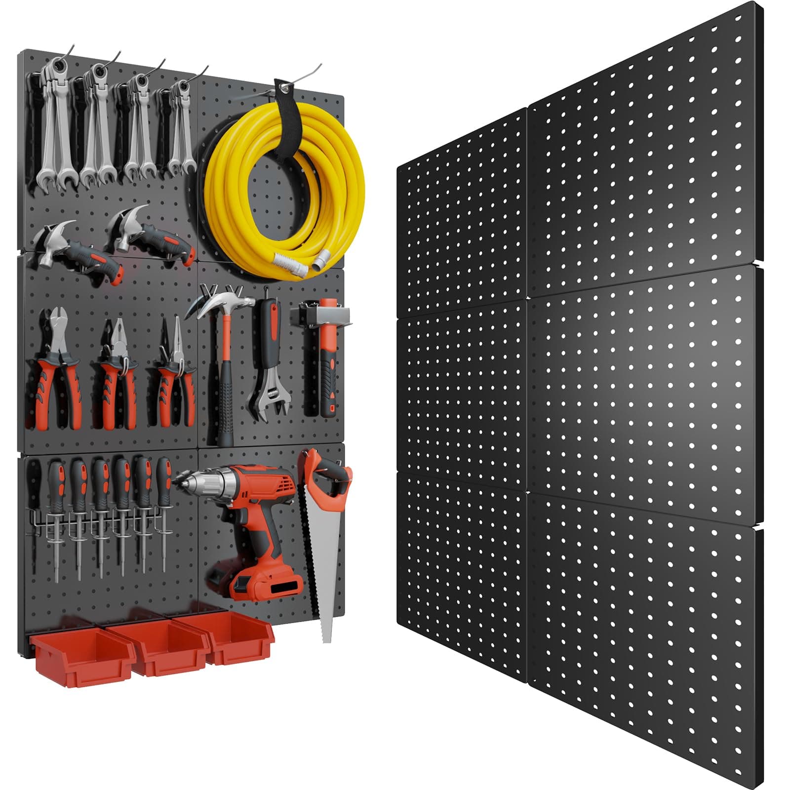 Peg Board, 6PCS Metal Pegboard, Heavy Duty Pegboard Wall Organizer with Frame. Black Pegboard for Walls, Garage, Workbench, Craft Room Tool Organization, Metal Pegboard Panels 12in*12in