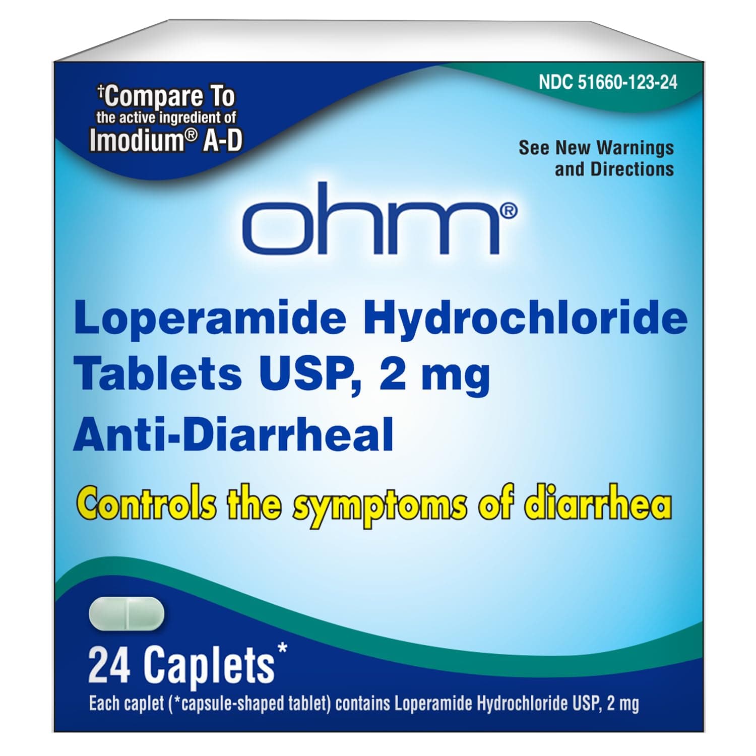 Ohm Loperamide Hydrochloride caplets, 2 mg, Anti-Diarrheal, 24 Count