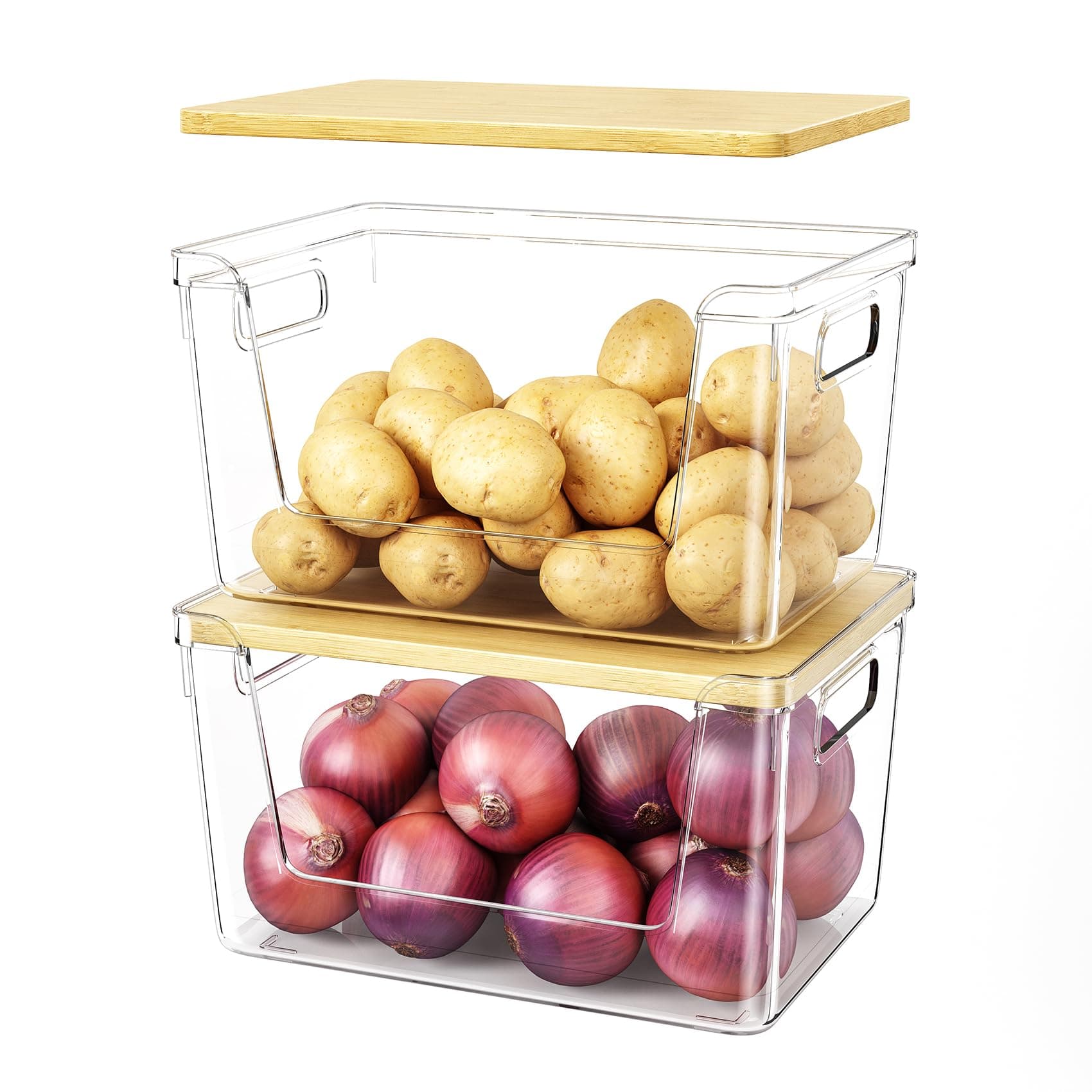2 Set Pantry Organizer and Stackable Storage Kitchen,Sturdy and Durable Storage Basket for Potato, Onion, Garlic, Fruit, Vegetable, Produce, Clear Plastic Storage with Lid&Handle
