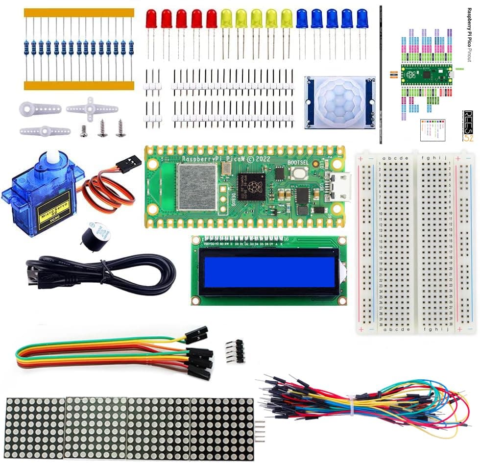 Raspberry Pi Pico w Basic Starter Kit with Raspberry Pi Pico, Breadboard, I2C 1602 LCD Display Module, 9g Mirco Servo for Raspberry Pi Beginners & Software Engineer