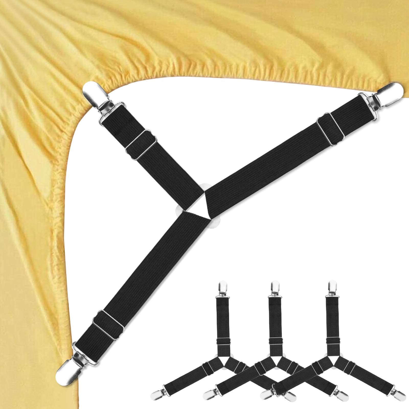 Foloda 4 PCS Adjustable Triangle Elastic Nylon Suspenders Gripper Holder Straps with Metal Clip for Bed Sheets, Mattress Covers, Sofa Cushion (Black, 4 Pack-Short)