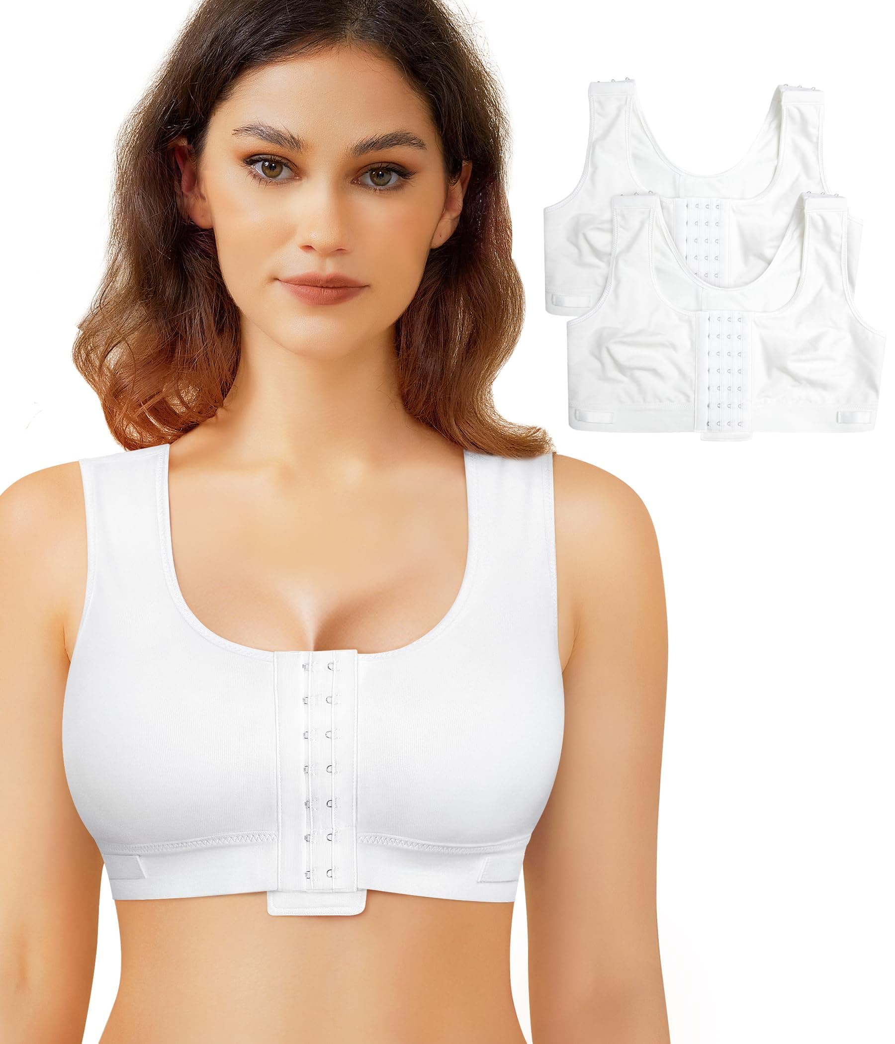 BRABIC Women Front Closure Post Surgery Compression Everyday Bras for Mastectomy Support with Adjustable Straps Wirefree(Medium, White 2pk)