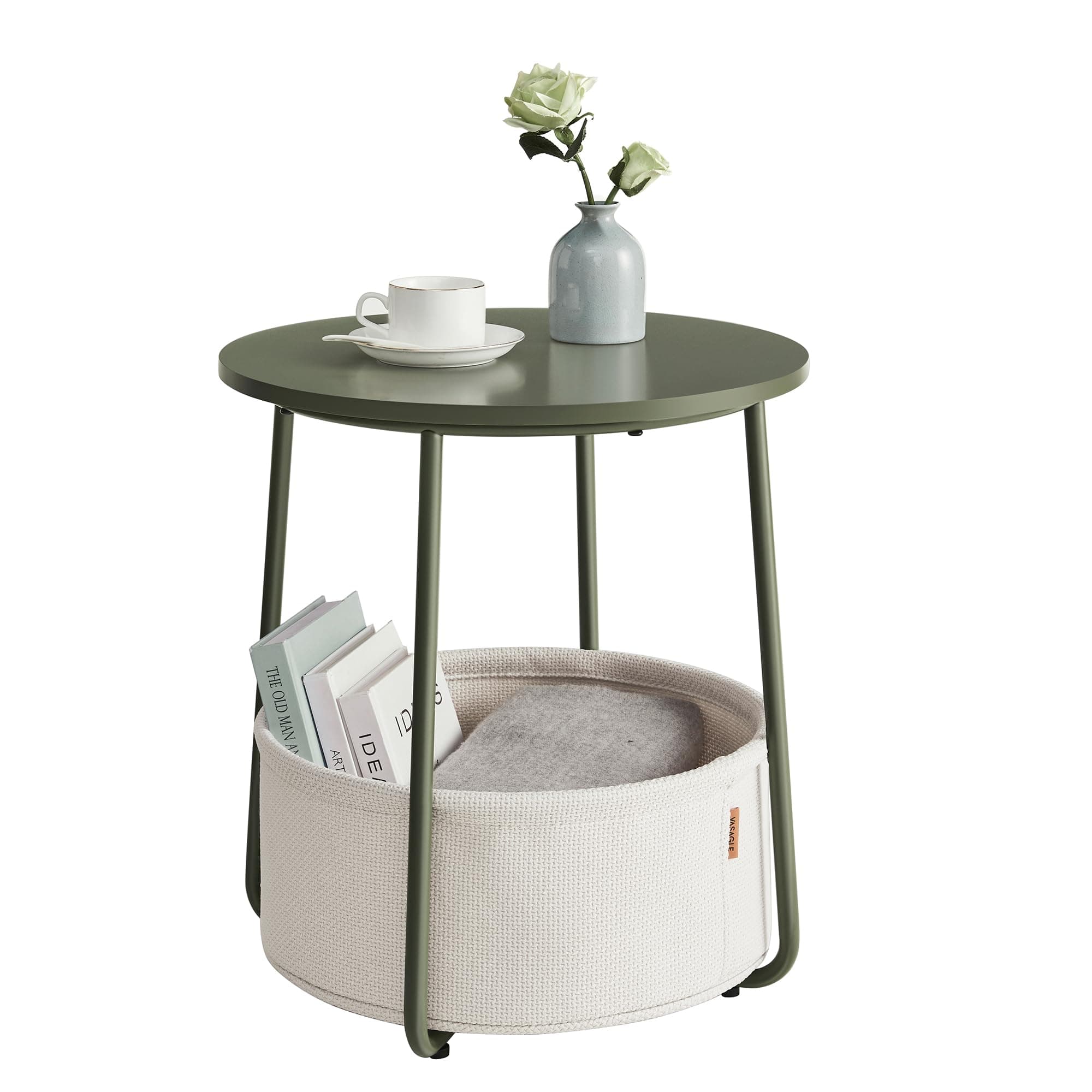VASAGLE Small Round Side End, Modern Nightstand with Fabric Basket, Bedside Table for Living Room Bedroom, Forest Green + Cream White