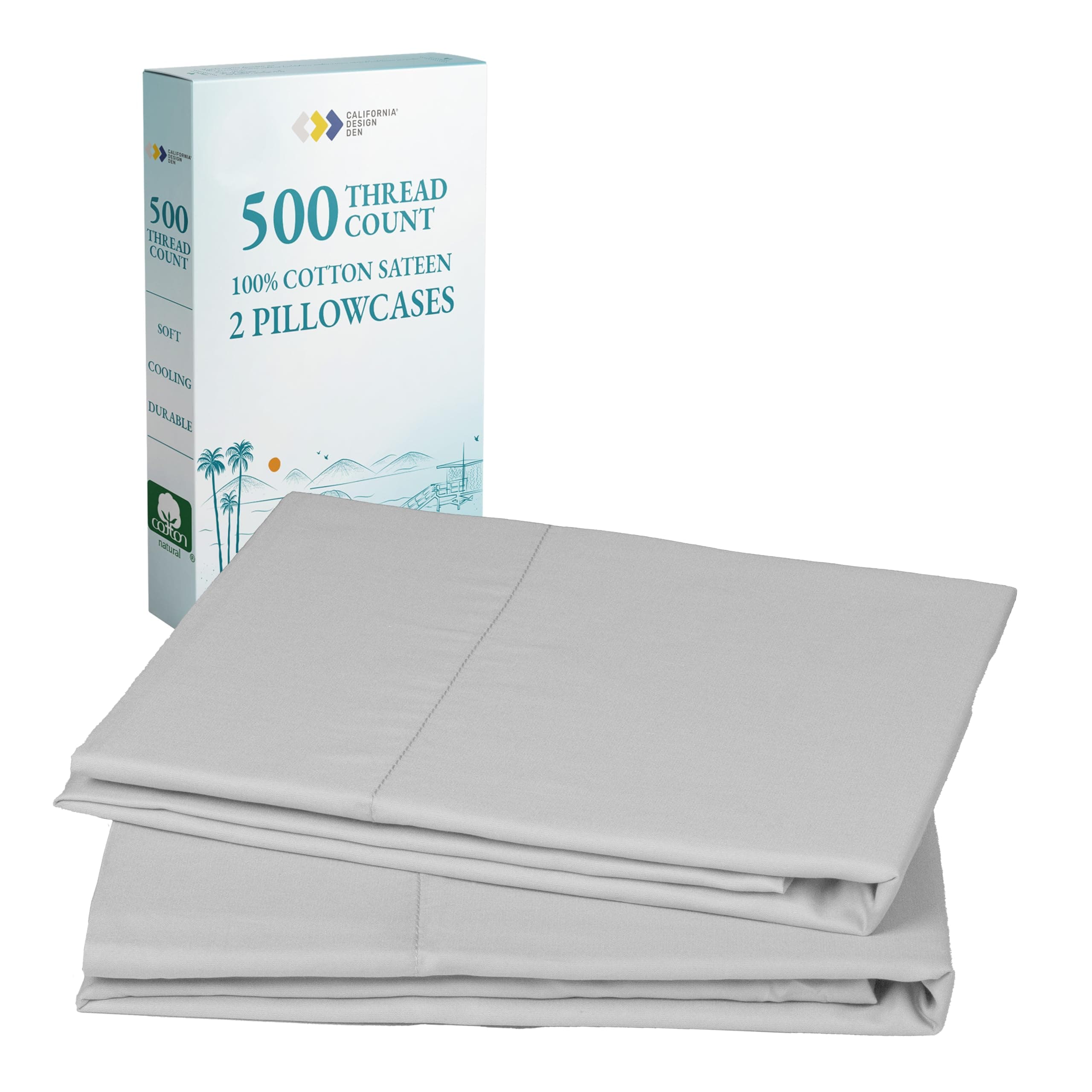CALIFORNIA DESIGN DEN Soft & Silky 500 Thread Count 100% Cotton is Cool & Smooth, Set of 2 Standard Pillowcases Fits Standard & Queen Pillows (Light Gray)