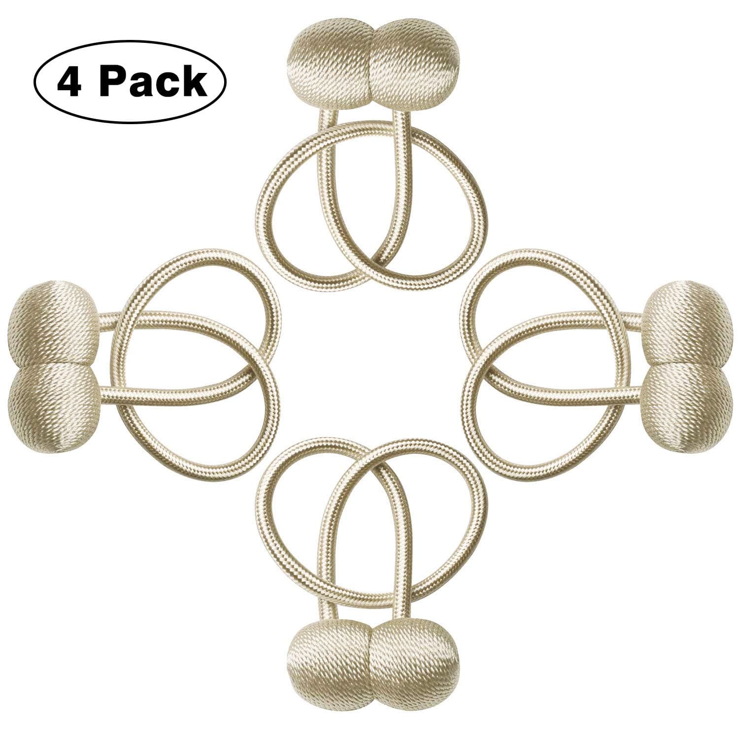 Magnetic Curtain Tiebacks, Curtain Holdbacks, Drape Tie Backs, Decorative Weave Rope Tieback Holdback Holder, Curtains Buckle Drapes Clips for Home Office Window Decoration (Beige, 4)