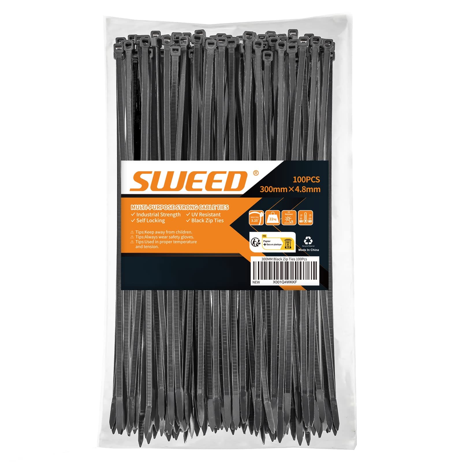SWEED 300mm Cable Ties Black (100 Pcs), Self-Locking Premium Zip Ties Cable Wire Ties, for Indoor and Outdoor