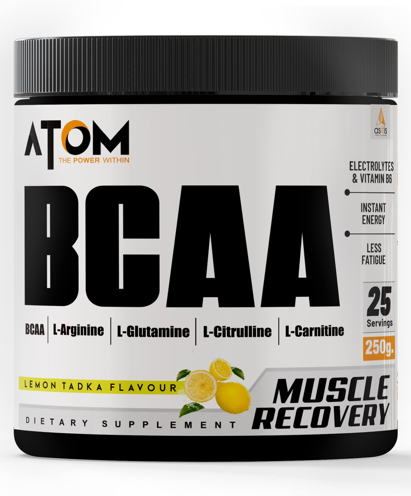AS-IT-IS ATOM BCAA 250g with L-arginine, L-Carnitine, L-Citrulline for Energy Burst & Athletic Performance | Lemon Tadka Flavorr…