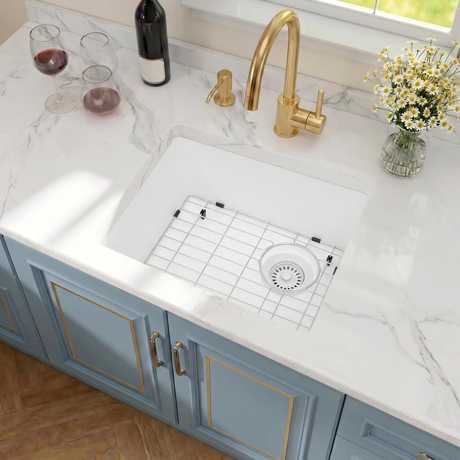 White Bar Sink,White Granite Composite Kitchen Sink With Accessories,19 Inch Undermount Quartz Stone Kitchen Sinks, 19" x 17" x 9 Small Kitchen Sink with Offset Drain