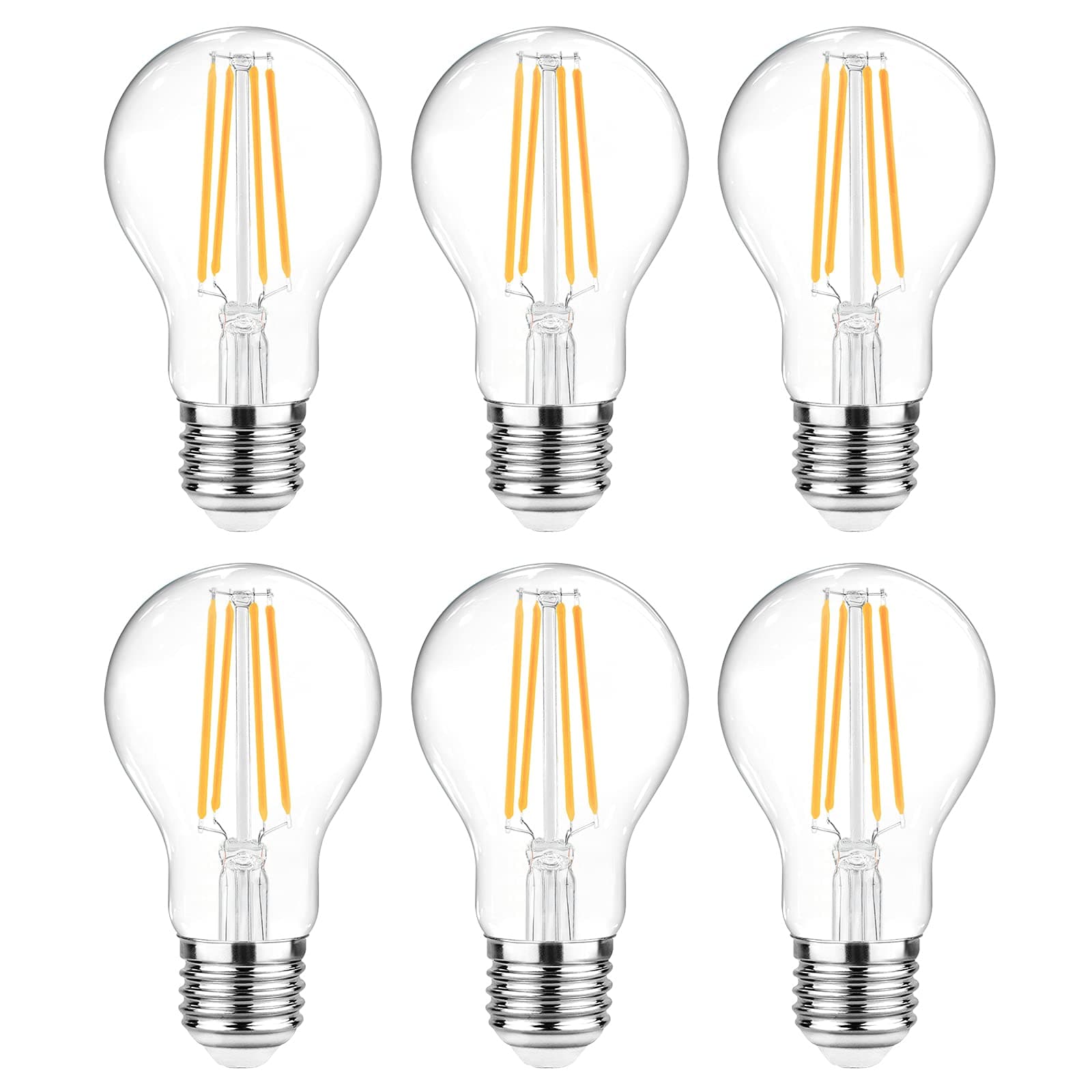 Ascher 60 Watt Equivalent, E26 LED Filament Light Bulbs, Warm White 2700K, Non-Dimmable, Classic Clear Glass, A19 LED Light Bulb with 80 CRI, Pack of 6