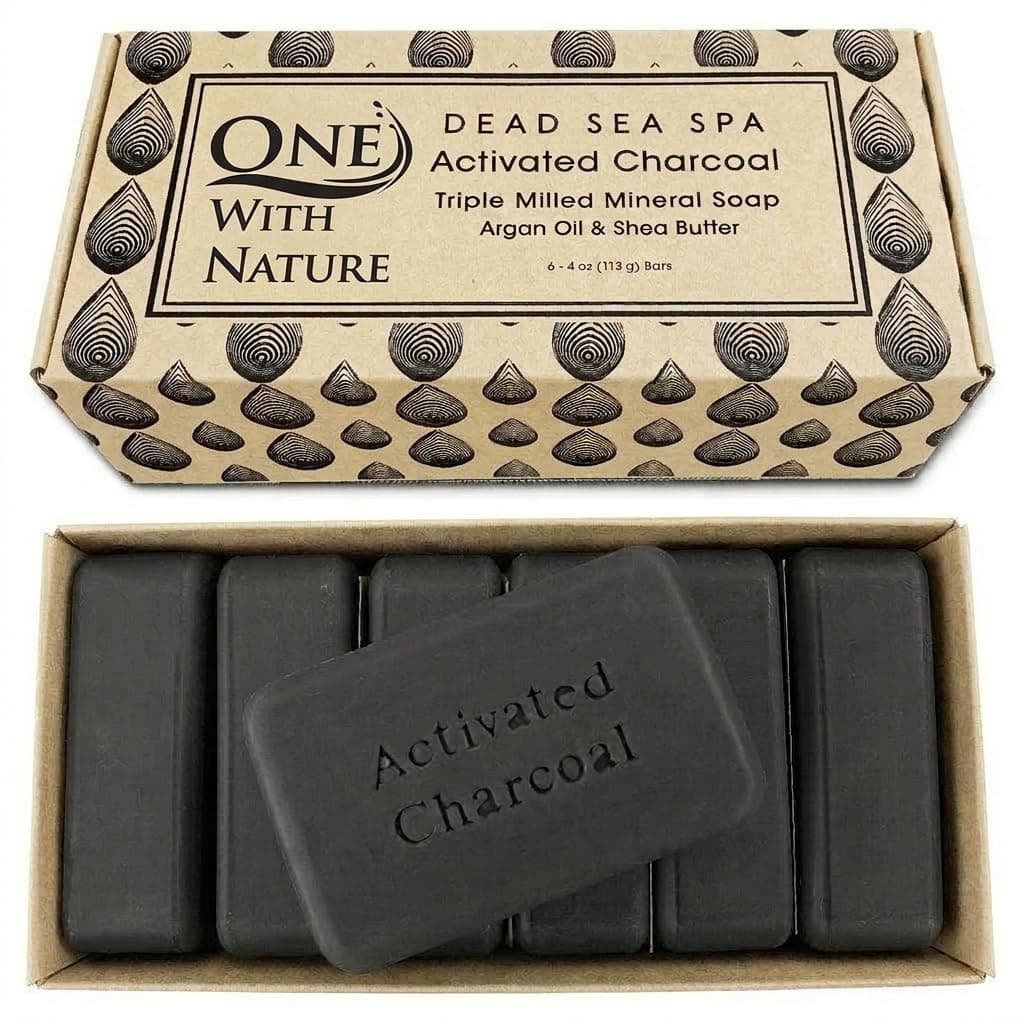 Activated Charcoal Soap 4oz 6-Pack Gift Box – Detoxifying and Exfoliating Charcoal Soap Bar with Dead Sea Salt for Face & Body, for Men & Women