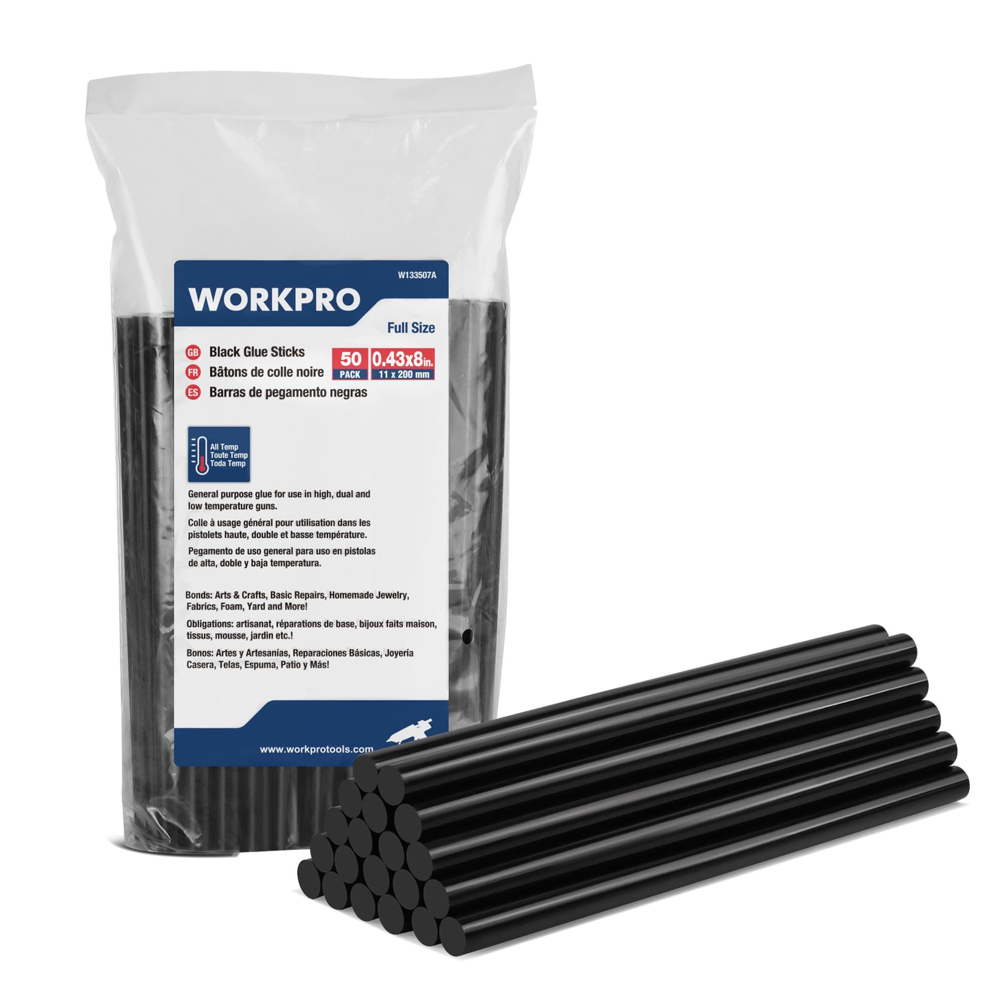 WORKPRO Hot Glue Sticks Full Size, 50-Pack, 0.43x8 Inches, Black Hot Melt Sticks for All-Temp Glue Guns, Multipurpose for DIY Craft General Repairs, Home Decorations and Gluing Projects