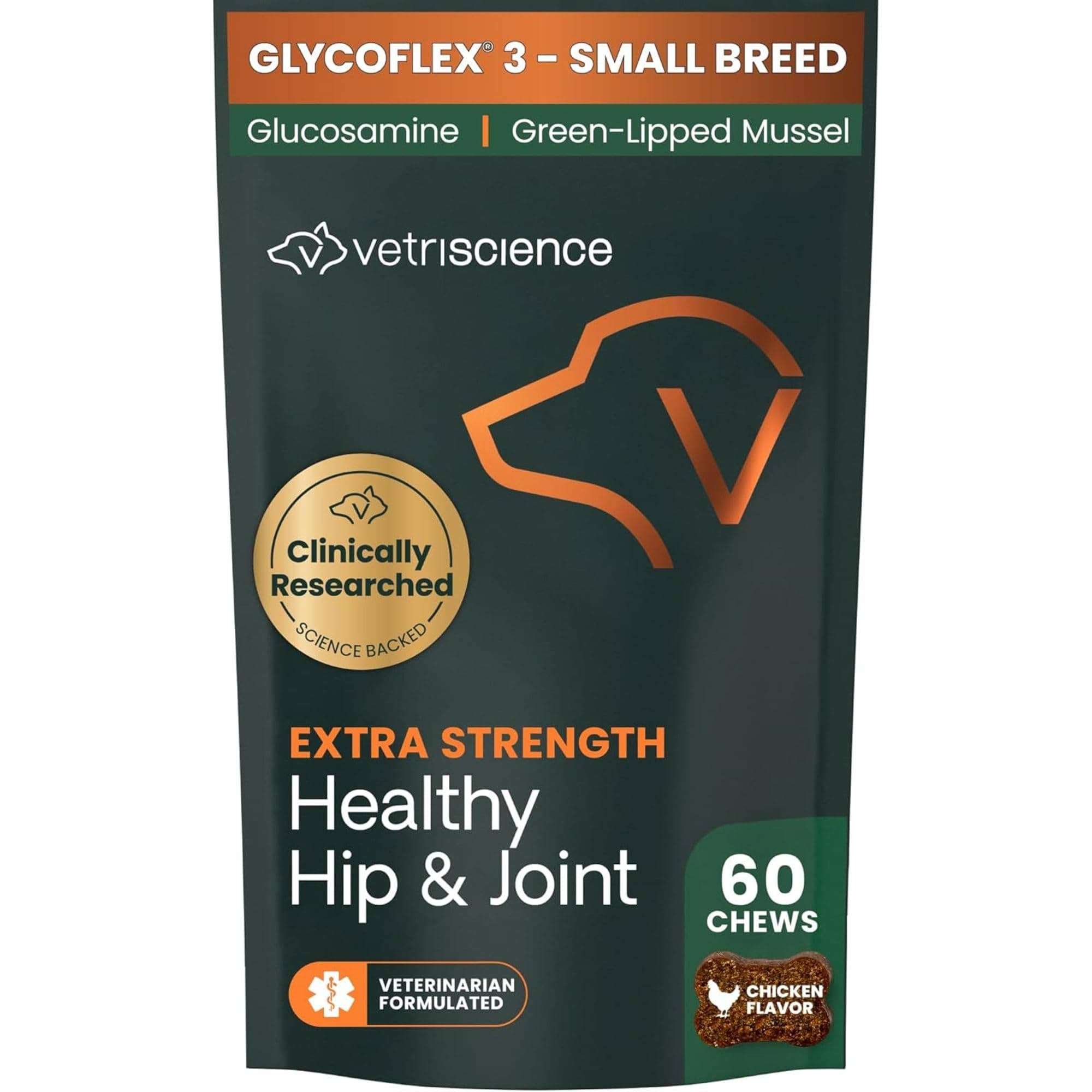 VETRISCIENCE Glycoflex 3 Maximum Strength Hip & Joint Support for Small Dogs Under 30lbs - Glucosamine, DMG, MSM & Green Lipped Mussel - Great Tasting - Vet Recommended, (0900669.060)