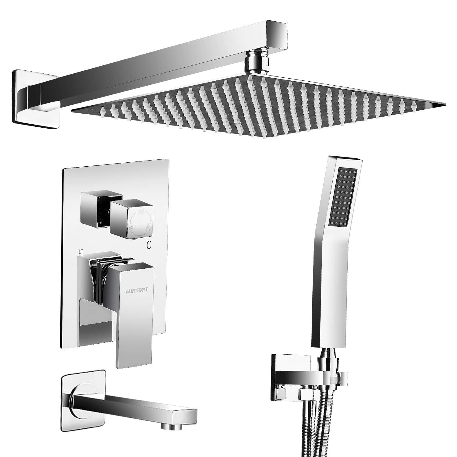 Rainfall System with Tub Spout for Bathroom Wall Mounted Rain Mixer Combo Shower Faucet Set, Polished Chrome(Contain Trim Kit with Rough-In Valve)