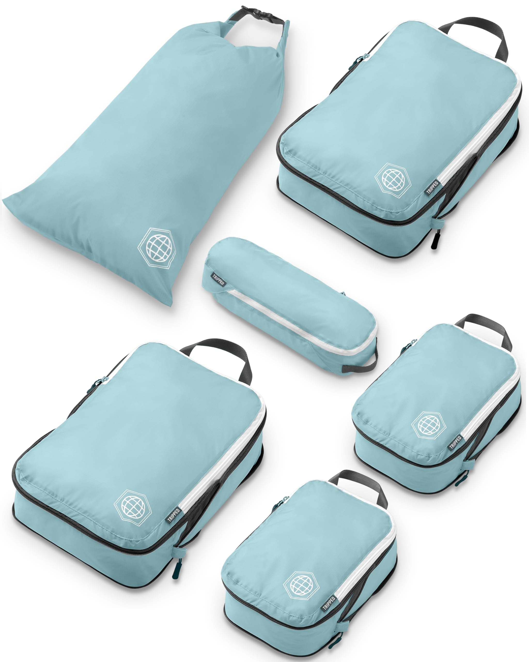Compression Packing Cubes for Travel, 6-Piece Lightweight Packing Cubes Set for Carry-On Luggage & Backpacks – TRIPPED Travel Gear (Dusty Teal/White)