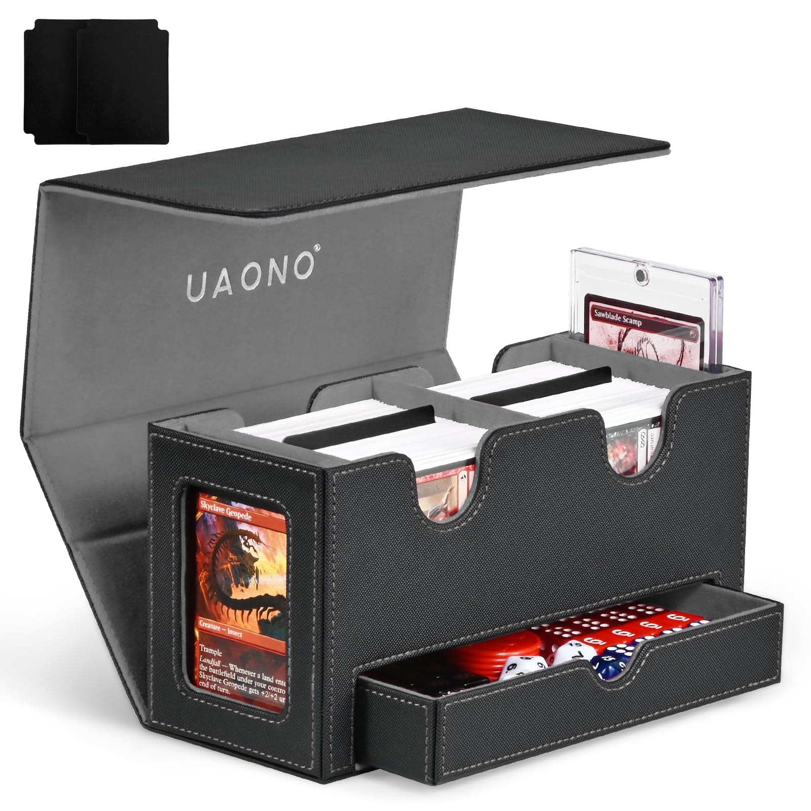 UAONO MTG Deck Box with 2 Commander Display and Dice Tray, Double Deck Box for 280+ Single Sleeved Cards, Leather Magnetic Card Storage Box Fits for TCG CCG Magic Cards(Black&Gray)