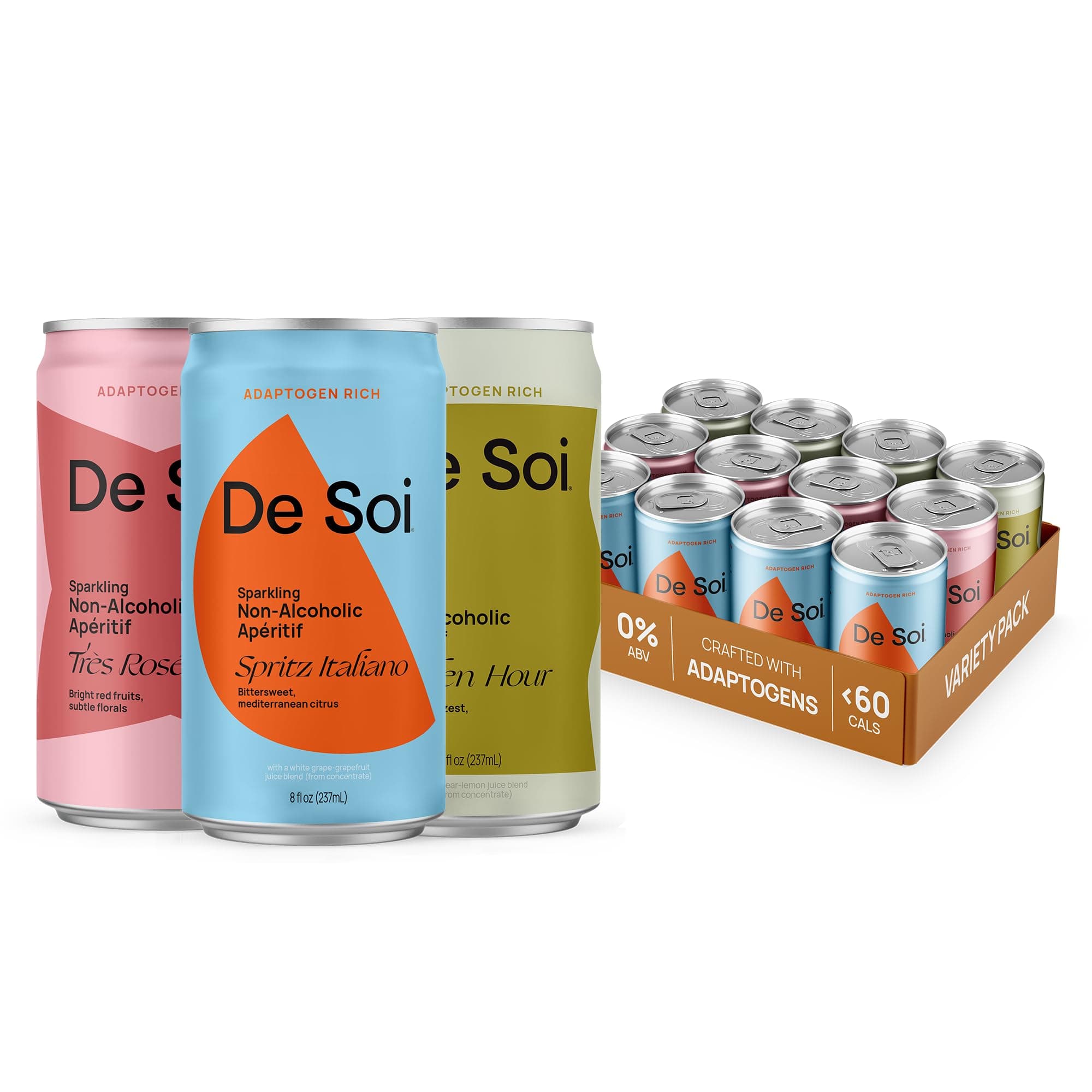 - De Soi Variety Pack Mocktails NA Drinks 8 fl oz (12-pack) - Adaptogen Drink, Sparkling Drink with Calming Botanicals, Mocktail Drinks, Gluten Free, No Artificial Flavors