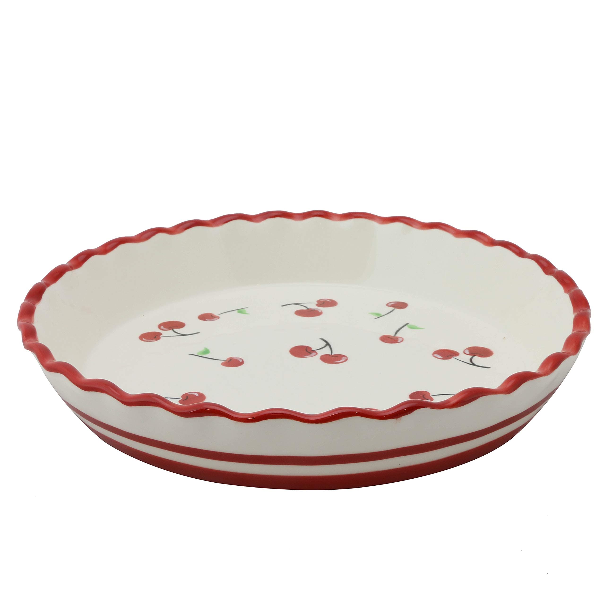 Hand Painted Glazed Red Cherries, Ruffled Edge, Ceramic Stoneware 10-Inch Pie Dish
