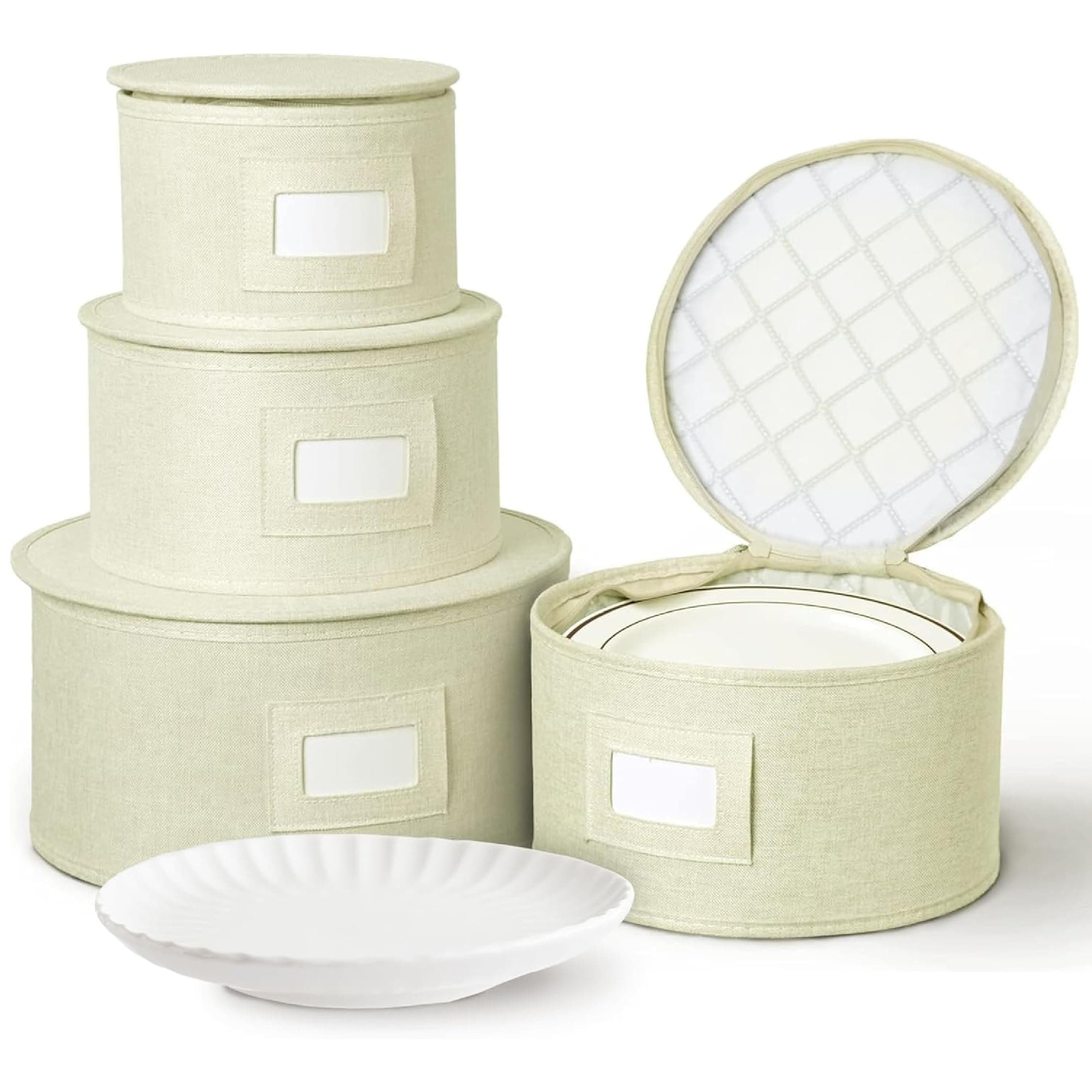 storageLAB China Storage Containers, Hard Shell Case with Felt Dividers for Charger Plates, and Dishes, Ideal for Kitchen Organization, Moving Supplies, and Fine China Storage - 4-Piece Set, Cream
