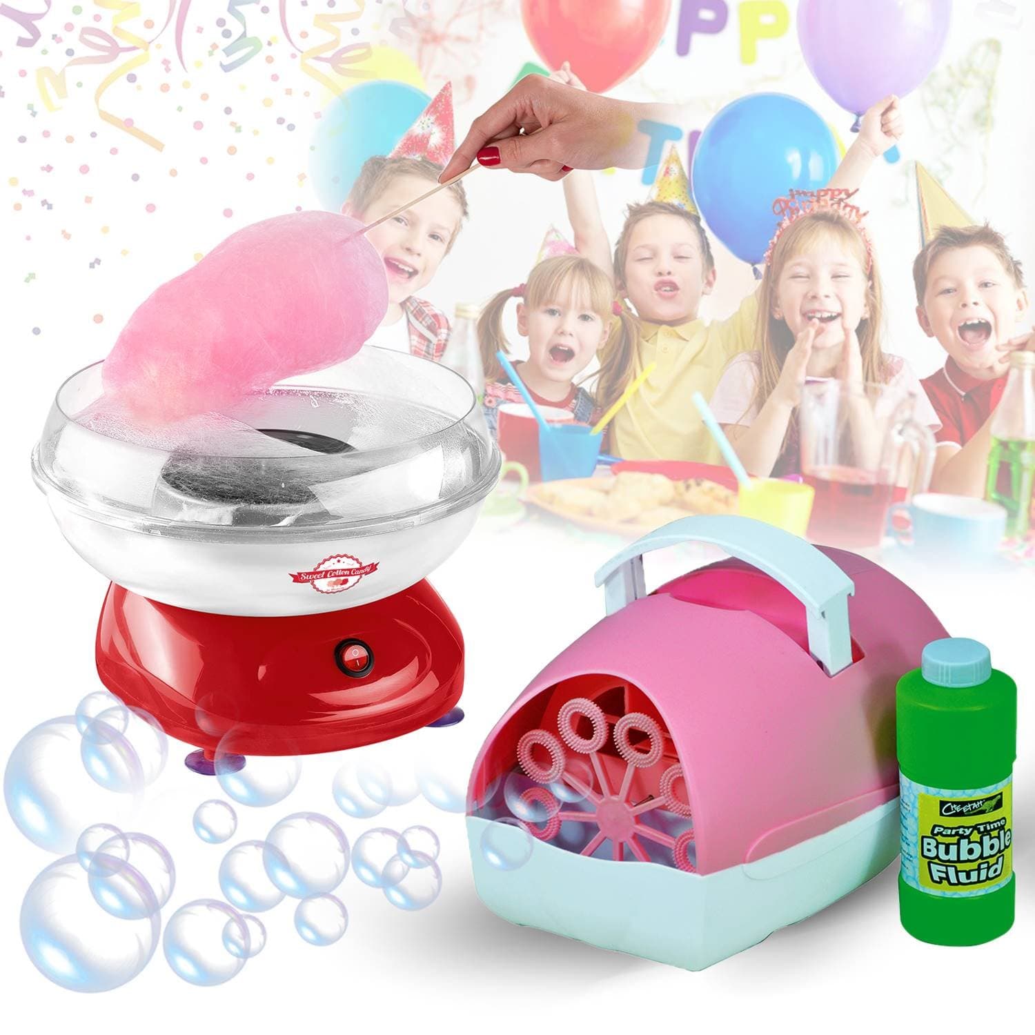 Child Birthday Pack – Blue Bubble Machine + Fluid + Cotton Candy Machine