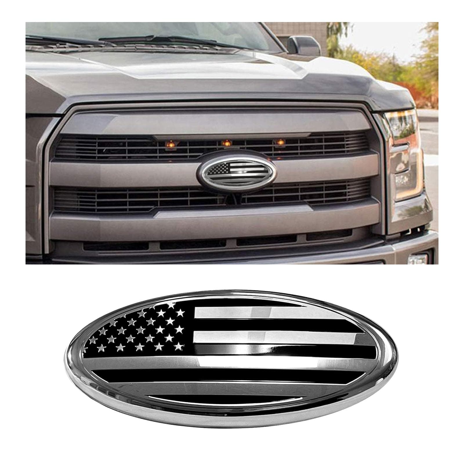 Front Grille US Flag Emblem, 7 Inch Oval Rear Tailgate Decal Badge Nameplate, Central Mesh Cover Label Sticker Overlay Replacement Compatible with F150 F250 F350 and More (7'', Silver & Black)