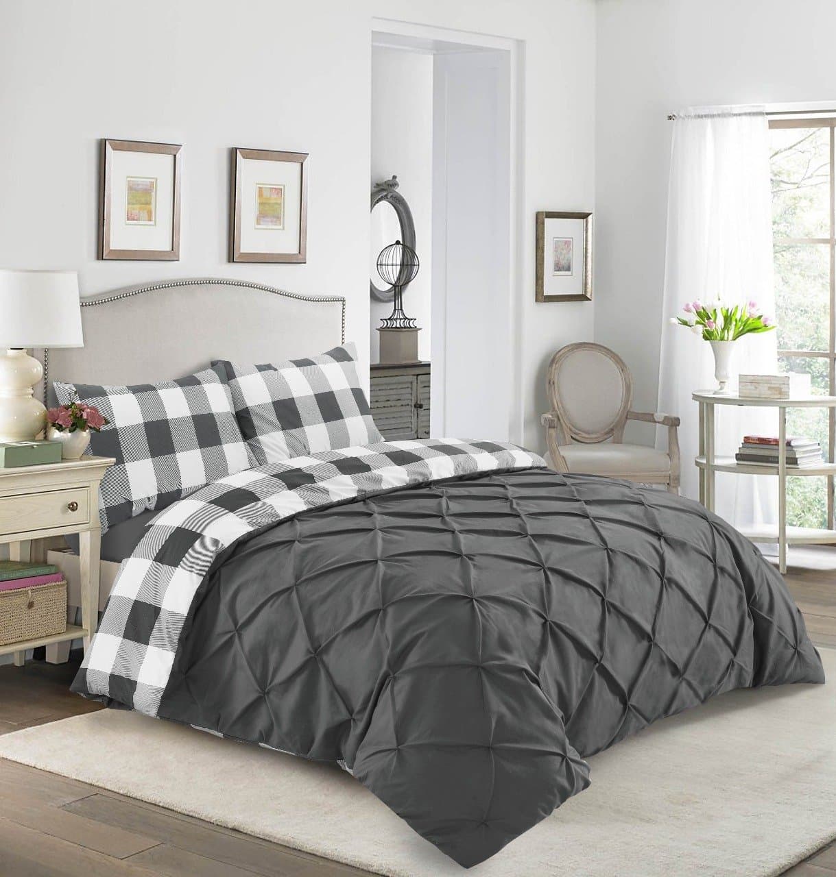 Sunshine Comforts Designer Percale Cotton-Rich Check Square Pintuck Reversible Quilt Duvet Cover Set with Pillowcases (Charcoal Grey, Super King)