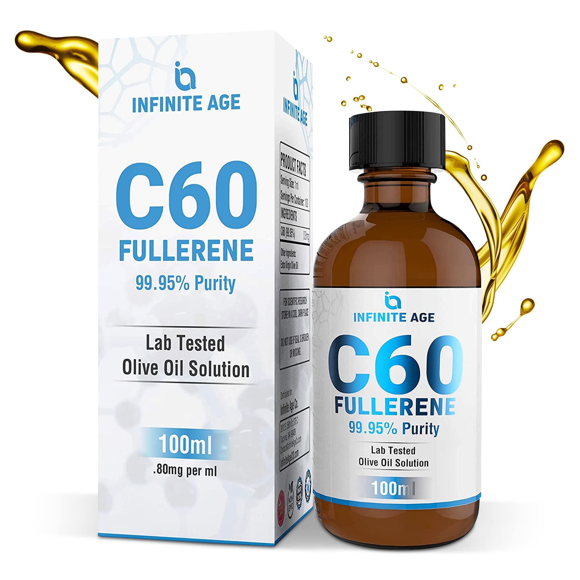 INFINITE AGE: C60 Fullerene 99.95% Purity - Maximum Strength Super Antioxidant Solution with Olive Oil - 100 ml - Skin and Nerve Health Support - Helps Soothe Inflammation - Purity Transparency