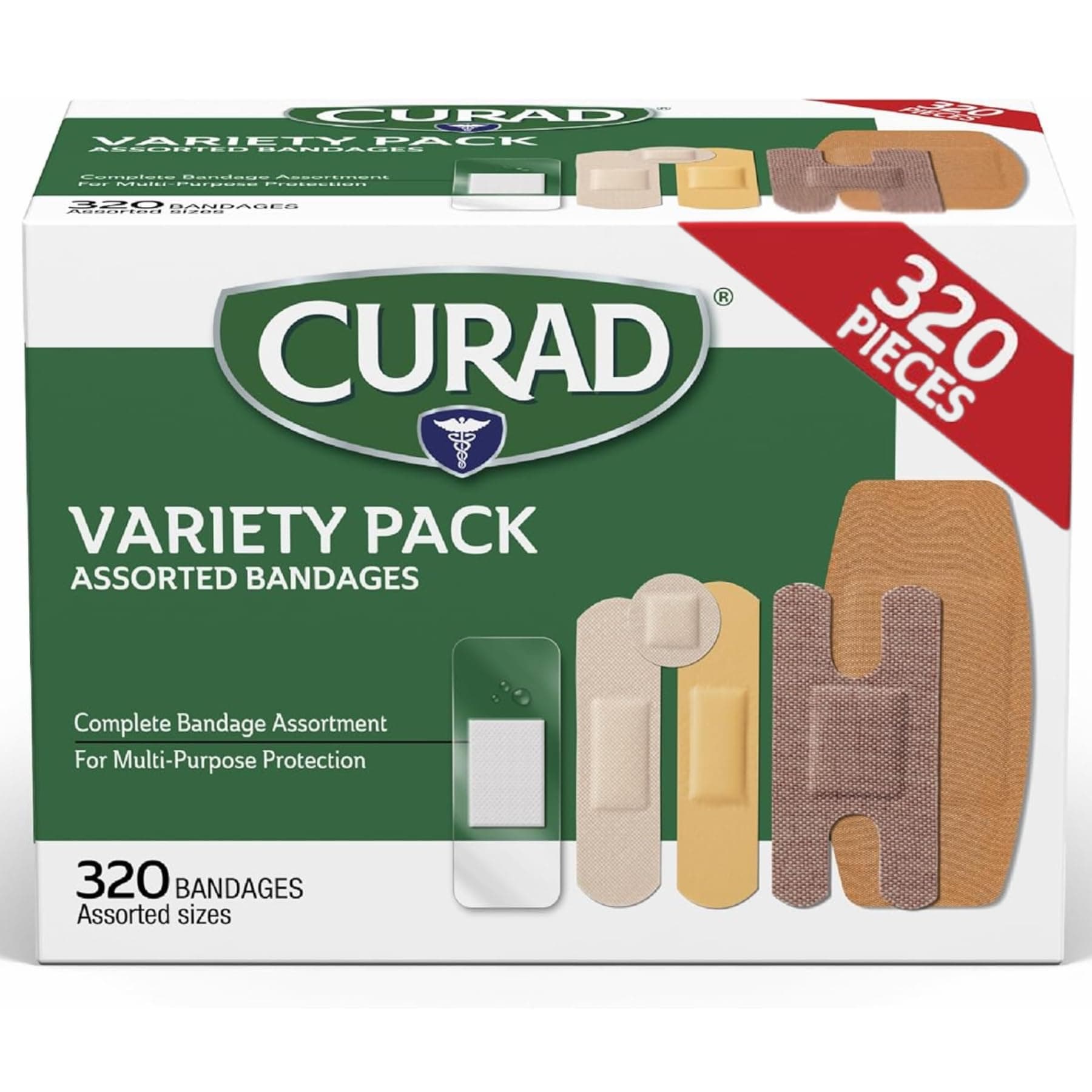 CURAD Assorted Bandages Bulk Variety Pack 320 Count 5 Styles Including Waterproof, Sheer, Plastic, Heavy Duty & Flex-Fabric First Aid Kit Essentials Protects Scrapes, Cuts & Burns