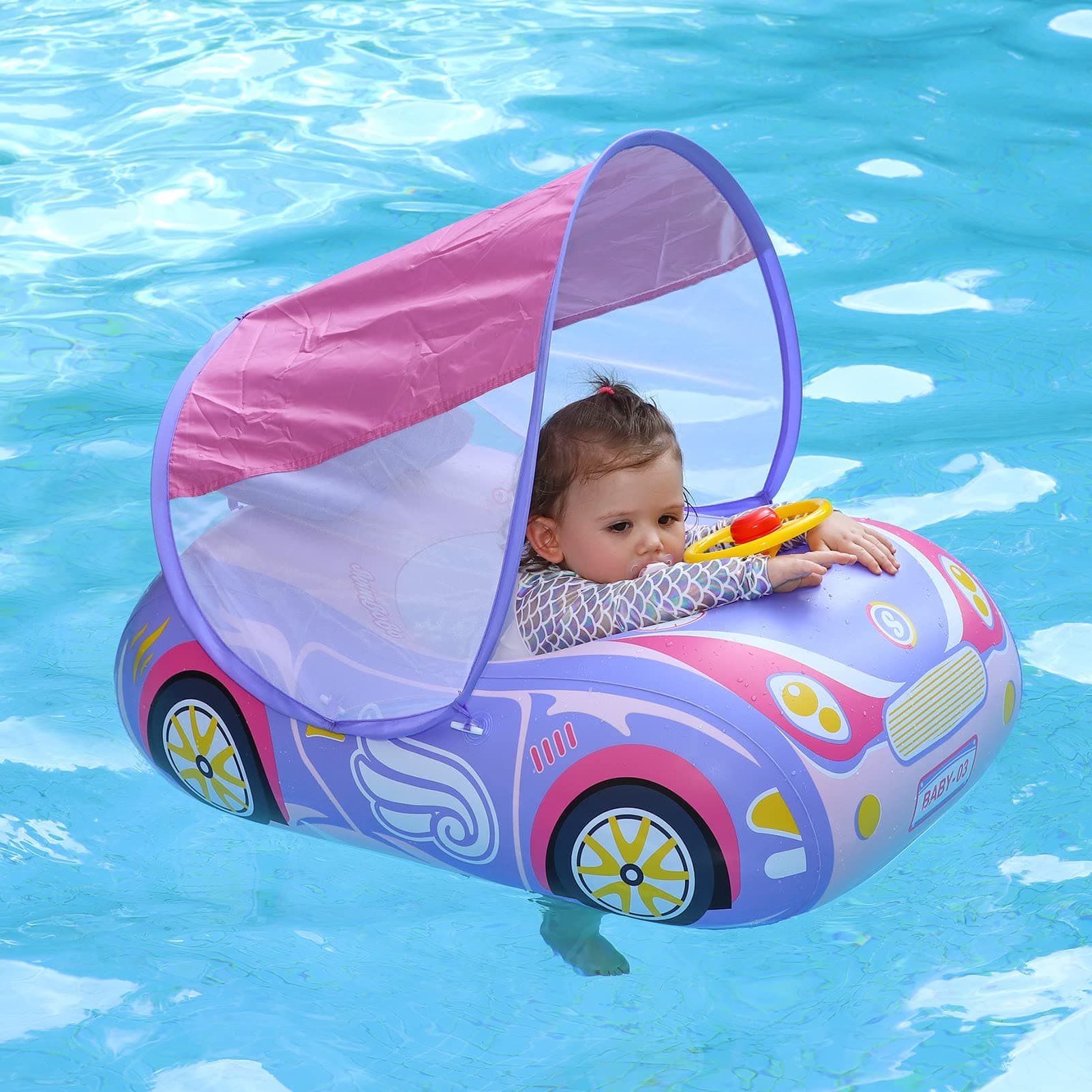 Toddler Pool Float Inflatable Car Baby Swim Float with Adjustable Sun Canopy and Safety Seat Pool Toys for Kids 1-4 Years Old (Princess Pink)